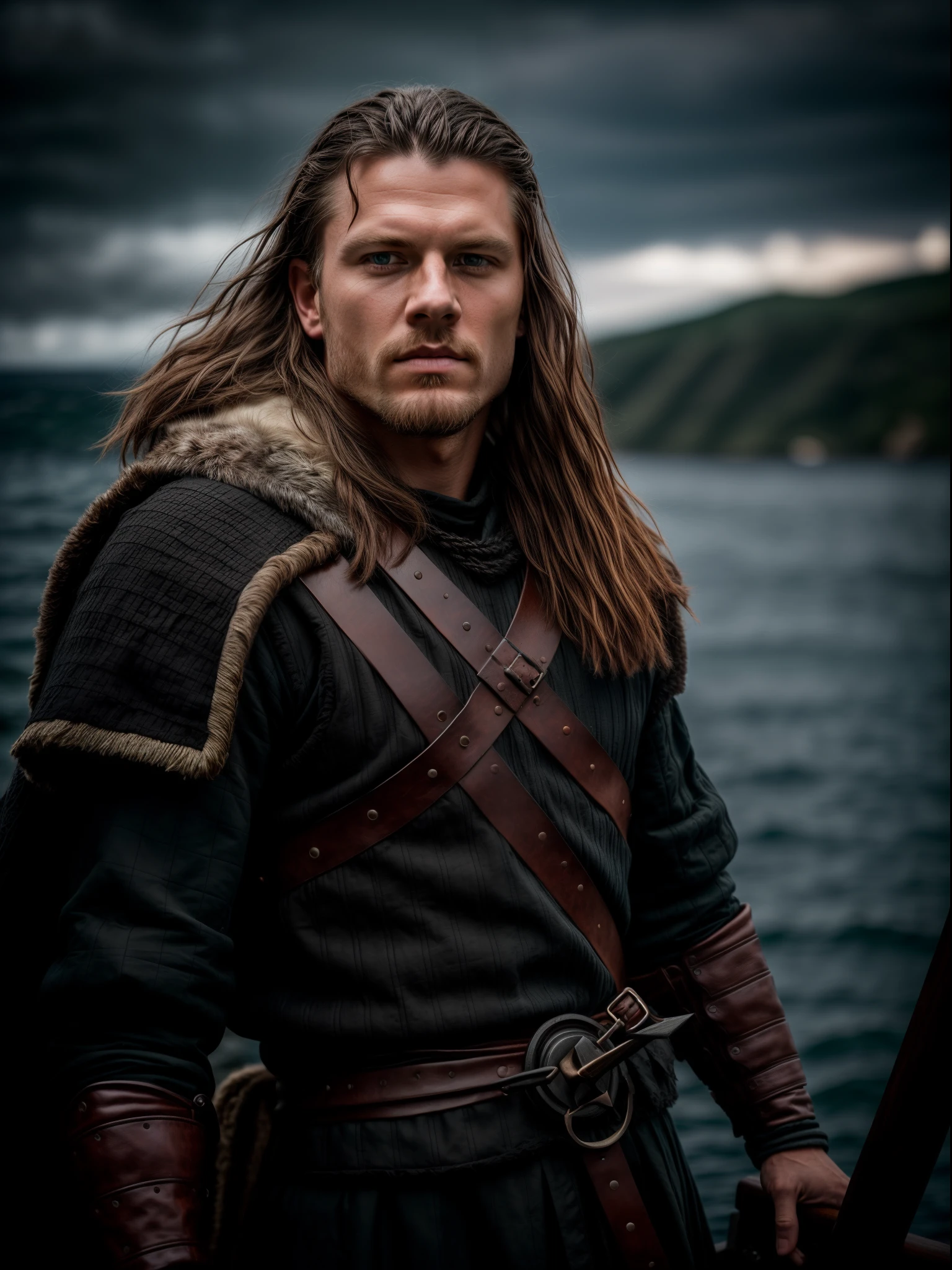 Realistic 8k image of Ivar the Boneless (with black hair) onboard a viking longship, ((low angle hero shot)), (Upper body closeup), show Ivar navigating treacherous waters, Ivar is navigating his crew, show Ivar commanding the ship crew, this scene will be dark and scary, highlighting Ivar the Boneless sailing on treacherous waters, dark tones with moonlit seas, dark and intimidating atmosphere like Viking series colour tone, ((sharp focus on portrait)), (balanced composition), high quality and realistic image, cinematic style, ((Best quality, 8k, Masterpiece), rough face, detailed skin, masterpiece, professional photography, (high detail:1 1), natural skin, (detailed face and eyes), (face: 1 2), noise, real photo, film photography, high resolution, 8k, realistic, 8k UHD, SLR camera, high quality, film grain, (Fujifilm X-T20, Fujifilm Fujinon XF 50mm f/2 R WR lens, Lens focal Length 50mm, Shutter speed 1/300 sec, APERTURE: 2, ISO: 80), volumetric lighting, dark background, dark fantasy, highly detailed, sharp focus, shallow depth of field, bokeh, blurry background, high contrast, contrast lighting, (dim colours), exposure blend, (dusty:1.3)