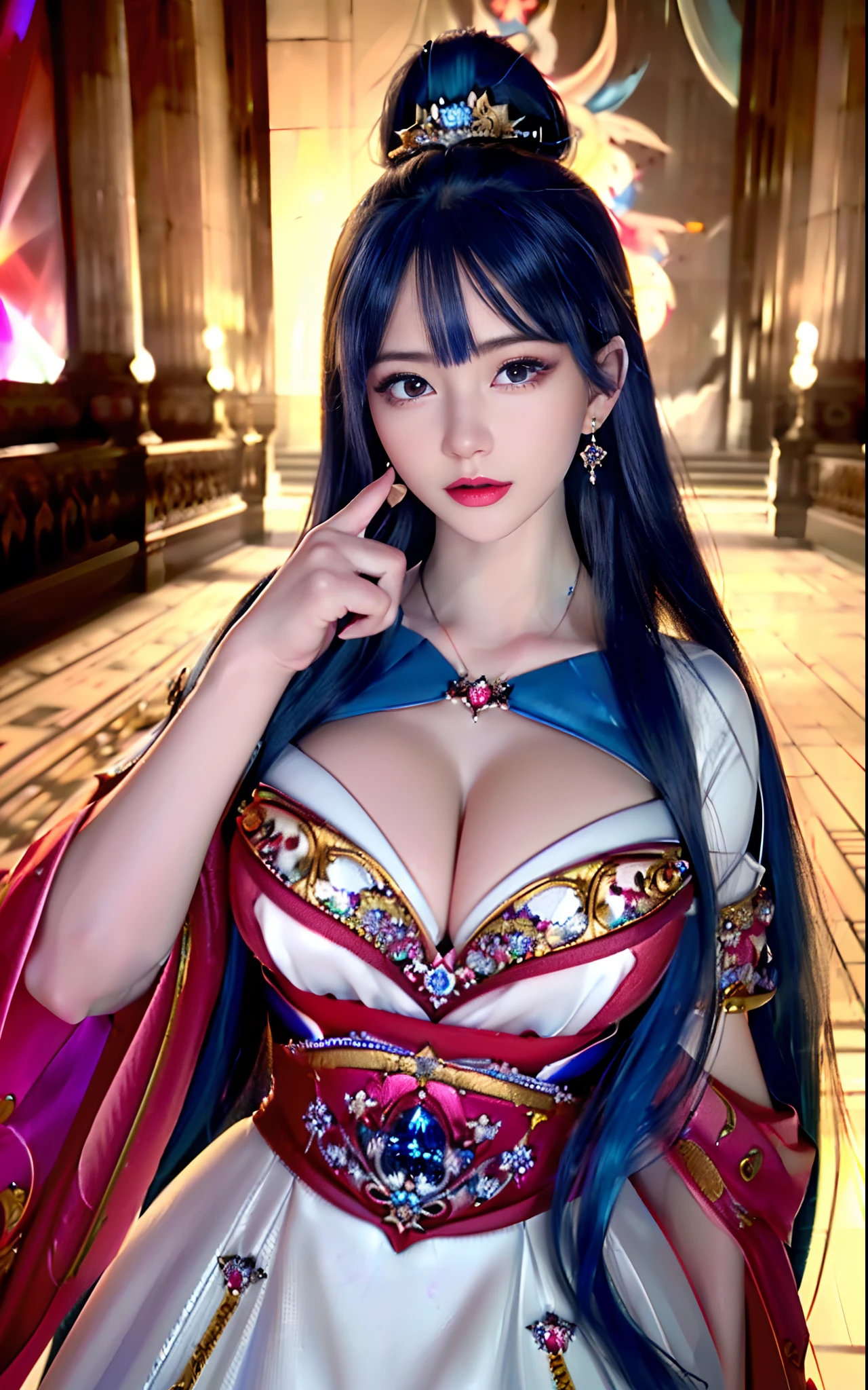 ((realisticity: 1.2)), ((realistic: 8K UHD)), ((best resolution: 8K UHD)), hyper detailed, best quality,masterpiece,highres,cg, ((1 girl hyper detailed and hyper realistic) ) , ((beautiful queen, hyper realistic and hyper detailed)),((white skin, beautiful, smooth, youthful, hyper realistic and hyper detailed )), ((Face hyper beautiful, white, hyper realistic and hyper detailed ) ), long hair, ((hyper realistic and hyper detailed dress)), solo, ((hyper realistic, hyper beautiful, beautiful and hyper detailed jewelry)), ((hyper beautiful deep red and golden yellow dress, hyper realistic and hyper detailed )) , ((Her pretty, hyper realistic, hyper detailed diamond filled earrings)), ((Her gorgeous diamond haircut, hyper realistic and hyper detailed)), ((hyper pretty upper body, hyper beautiful, hyper realistic and hyper detailed) ), ((medium : 1.1)), ((hyper realistic, hyper pretty, hyper detailed boobs)the backgroun of the royal palace is hyper majestic, hyper realistic and hyper detailed)),((hands and palms hyper beautiful, hyper detailed, hyper realistic)), ((hyper detailed and hyper realistic fingers and fingernails)), ((hyper pretty fingernails, hyper vivid, hyper detailed, hyper realistic)), ((thumb, index finger, middle finger, ring finger, little finger hyper vivid, hyper pretty, hyper detailed, hyper realistic)),  
((hyper beautiful fingers, hyper detailed, and hyper realistic)), ((posture not too fat and not too thin, hyper realistic, hyper detail)), ((hyper pretty, hyper pretty, hyper realistic and hyper detailed hair bun)), ((hyper pretty , hyper realistic and hyper detailed blue hair)), candid, Photo, high resolution, 8k , bokeh,