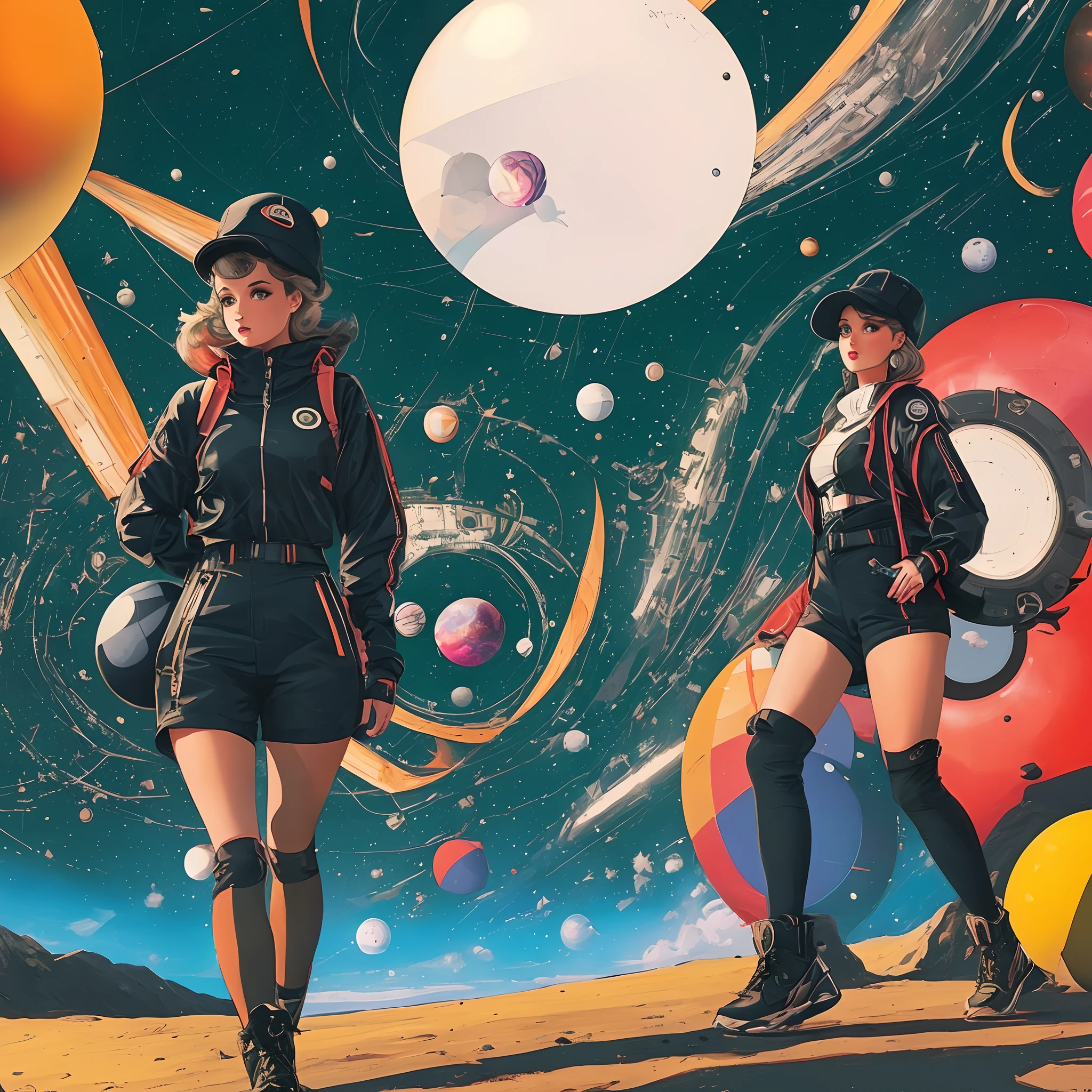 retro scifi art,vintage,1pinup girl with techwear clothes,simple geometric and spherical shapes in the background