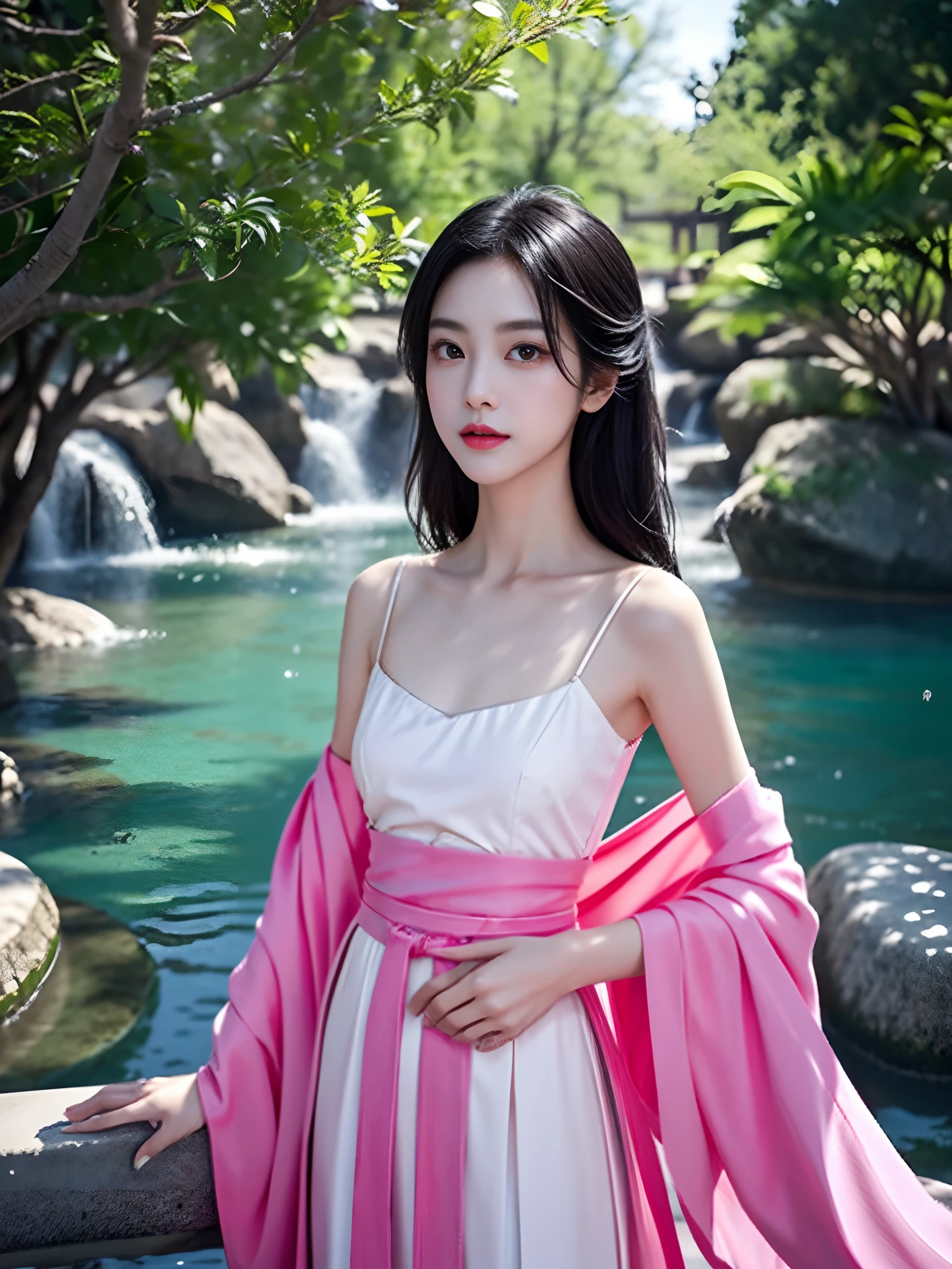 Chinese gentle and cute beauty,delicate sexy collarbone,Charming goose egg face,Medium black long straight hair,二重まぶた,watery big eyes,Pink lips,Small upturned nose,cropped shoulders,Focus on the face,closeup of face,hyper HD,super detailing,fully body photo,Ultra-thin light transmission。Optimal proportions,Big fox tail,In a luxurious palace,Small chest,flatchest,Slim,emaciated,Red and white classical Hanfu,v neck,(Naked:1.6)