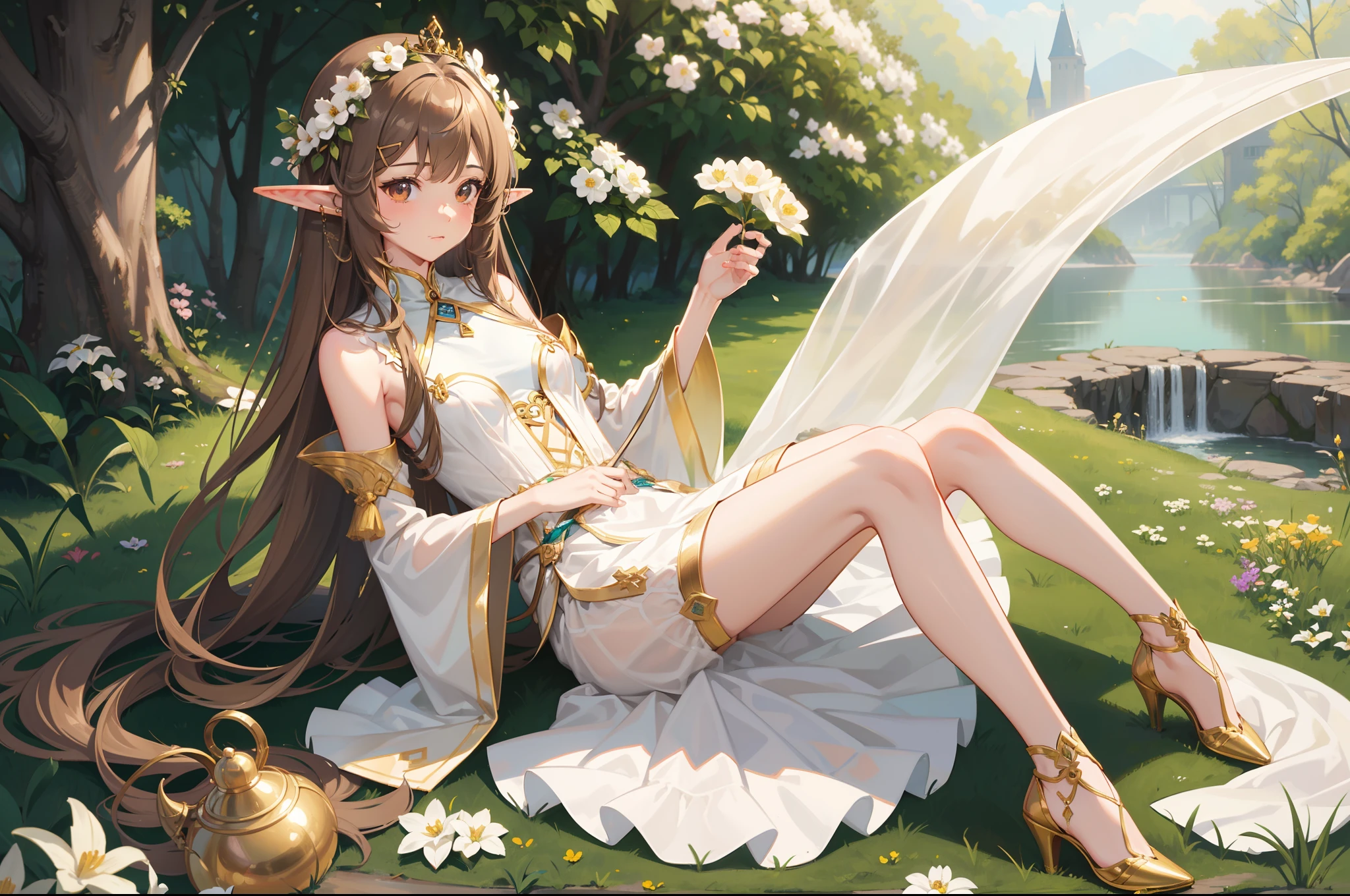 Elf Girl,light brown hair,length hair,brown eyes , shiny skins,A princess,Extremely detailed CGunity8 wallpaper,tmasterpiece,(ultra detali),(illustratio),(Flower hairpins,Flowers,gardener),grow,naturey,high-heeled,fullllbody,Complete clothes