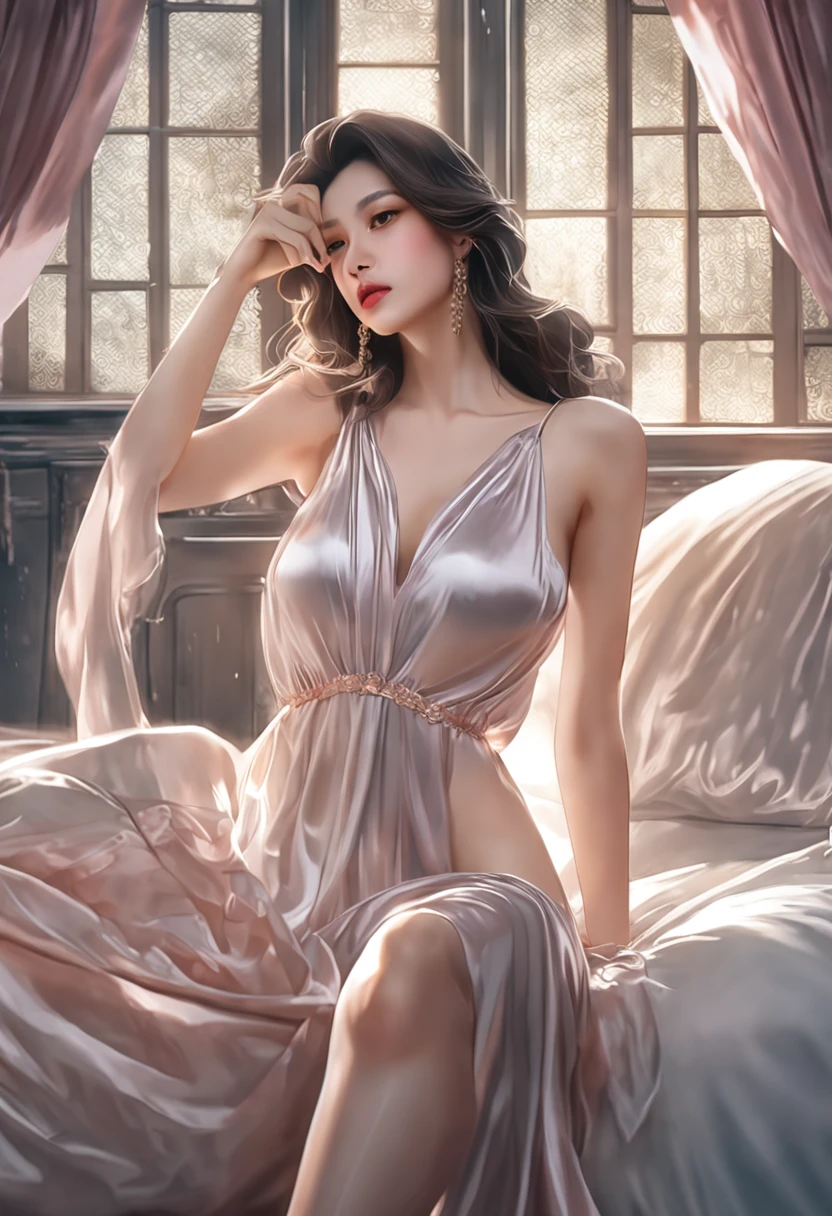 super realistic, super beauty, delicate face, angular face, Delicate Collarbone, highly condensed skin, Semi-dismissing, barshoulders, full breasts, deep cleavage, snow-white thighs, sexy and charming posture, Mature woman, ultra-silk sexy pajamas thin, draped long hair, no pants, in front of the window drinking, very beautiful scene