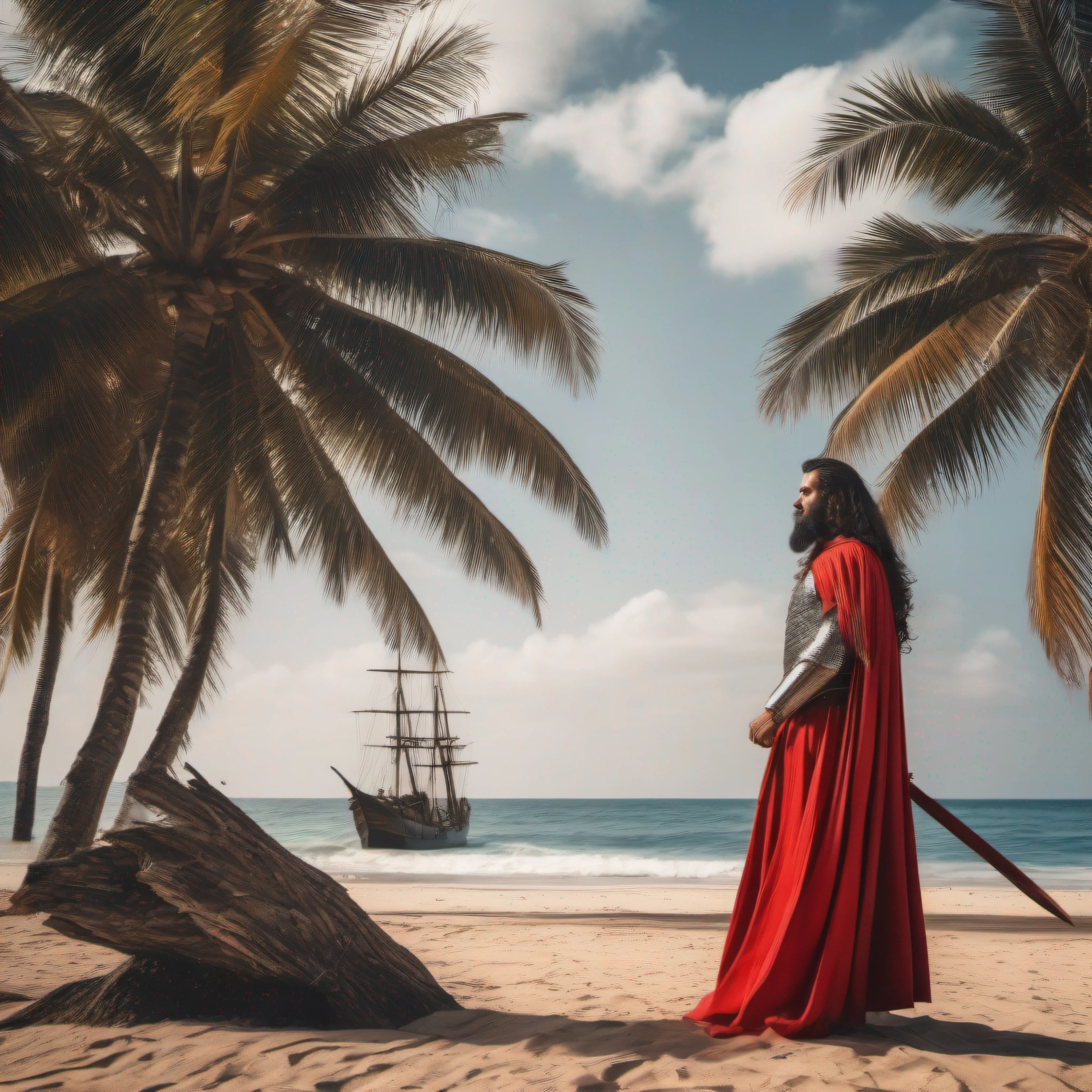 Tall strong man, beautiful and detailed face, wearing medieval helmet, long straight hair, fish scale armor, red cape, sword in hand, hand with 5 fingers, full body image, is on a beautiful deserted beach with strong waves and coconut trees, an old ship in the background.