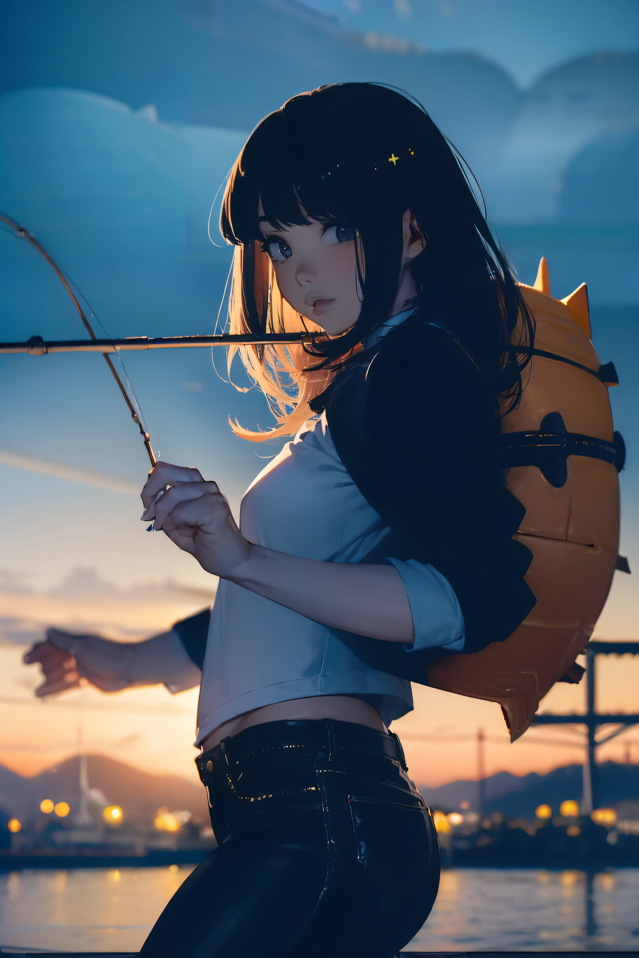 ((((Catching a big fish by the lakeside:1.5)))),((Female 28 years old)),((Best Quality:1.5)),(((Hands with the correct number and structure of fingers:1.4))),((Big fish:1.37)),hight resolution,ultra-detailliert,masterpiece,best qualtiy,Eight-headed body,Black hair, long eyeslashes, Solid Circle Eyes, drop shadow, Atmospheric perspective,Super Detail, ccurate, small brest,(Black jacket and black jeans :1.1),top-quality, blurry backround, bokeh dof:1.2, (masterpiece:1.3), Atmospheric perspective,Super Detail,dynamic compositions,