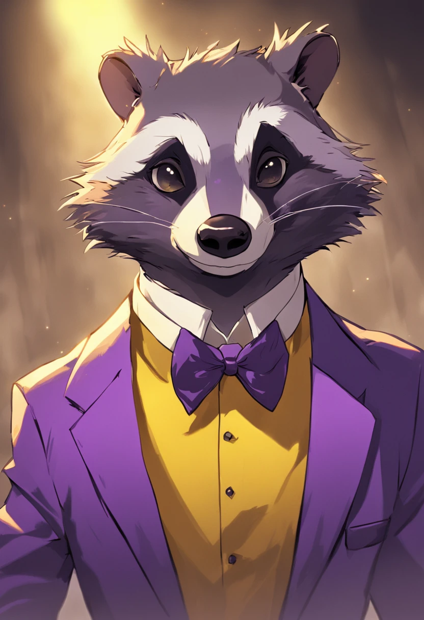 There's a cartoon gangster badger with a yellow bow tie and a yellow purple tuxedo, anthropomorphic badger, inspirado por Joseph Badger, texugo texugo, texugo, texugo peludo, smoking, anthropomorphic racoon, um guaxinim vestindo roupas formais, bonito weasel fursona retrato, anthropomorphic penguin, peludo mawshot, estilo loony toons, an anthropomorphic gangster rat, terno roxo e amarelo, INTERROGATION