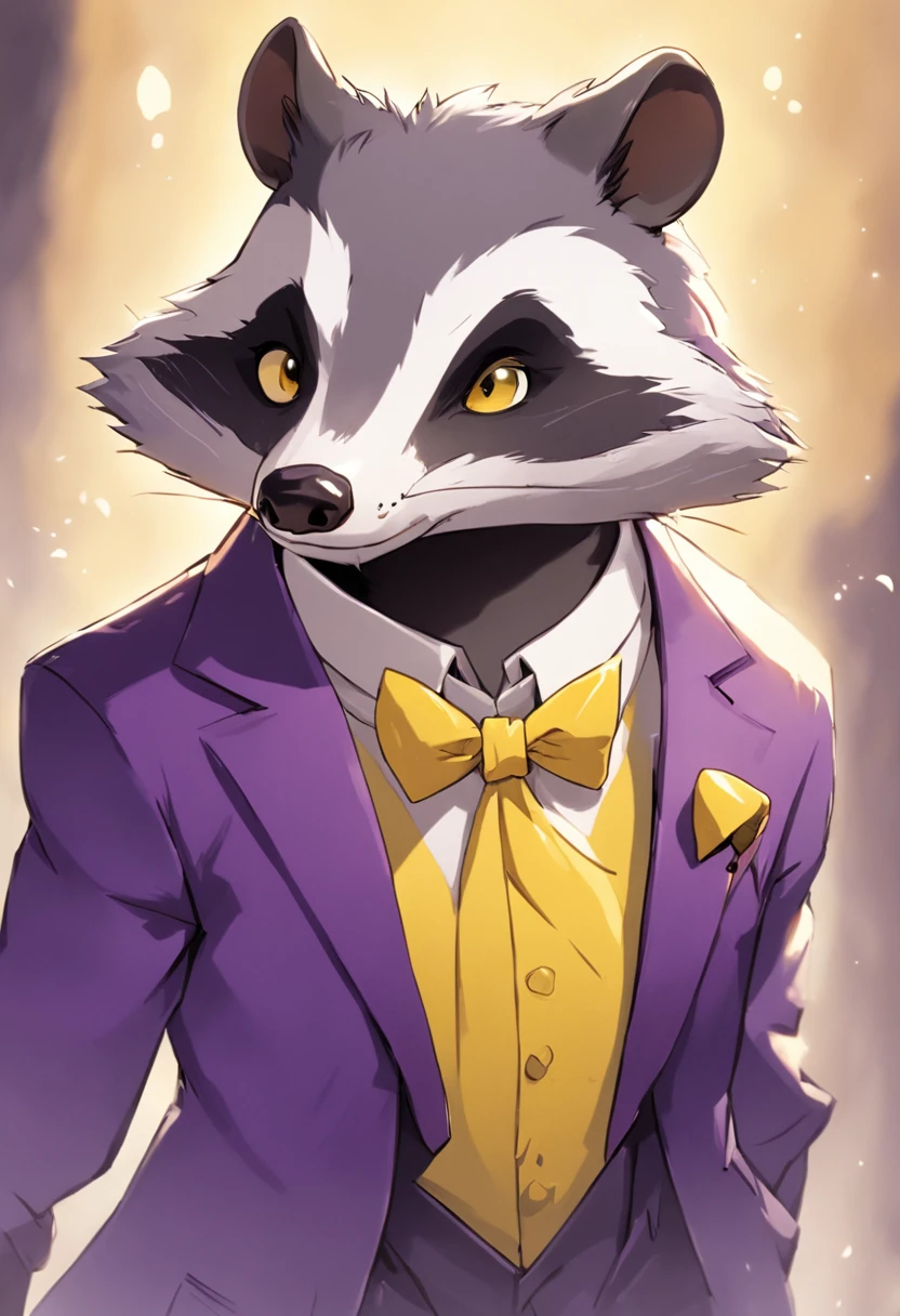 There's a cartoon gangster badger with a yellow bow tie and a yellow purple tuxedo, anthropomorphic badger, inspirado por Joseph Badger, texugo texugo, texugo, texugo peludo, smoking, anthropomorphic racoon, um guaxinim vestindo roupas formais, bonito weasel fursona retrato, anthropomorphic penguin, peludo mawshot, estilo loony toons, an anthropomorphic gangster rat, terno roxo e amarelo, INTERROGATION