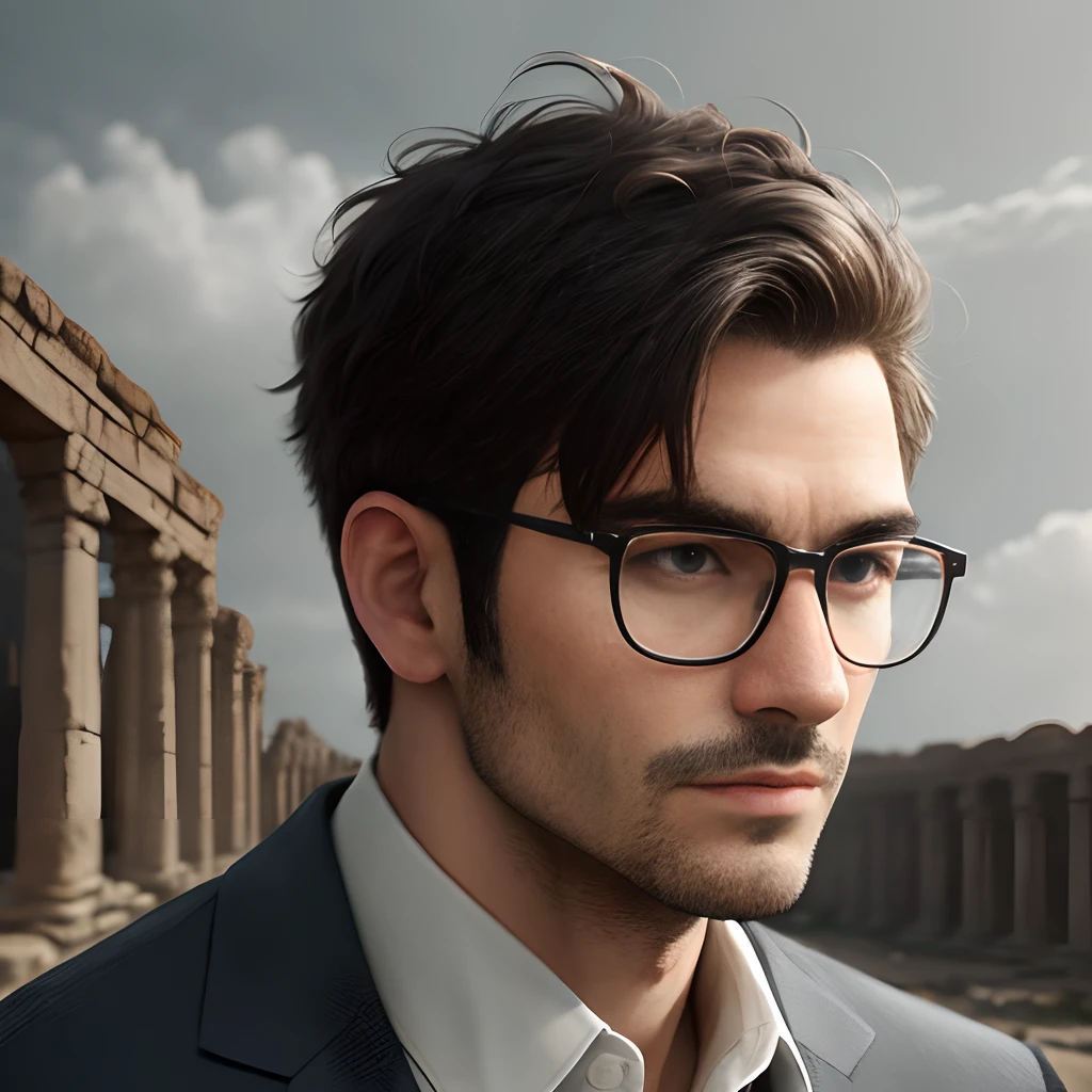 Men with short hair,greybackground,wears glasses,ancient wind,