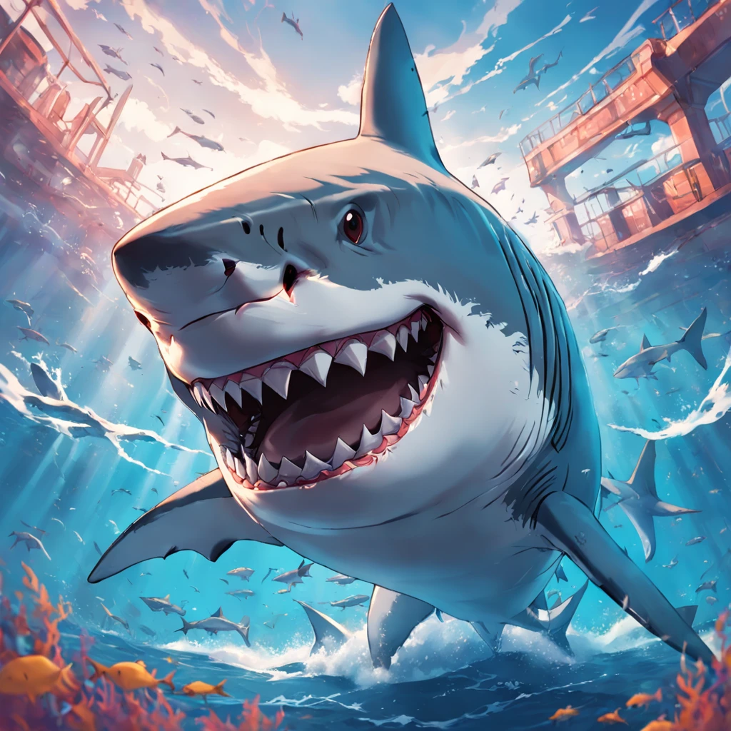 Great white shark，cartoony