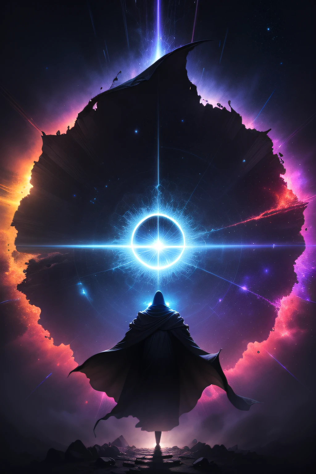 An ominous dark cosmic deity hovers in space near a psychedelic portal. It has an impenetrable shadowy form in flowing dark robes. Its expressionless face and closed eyes seem ancient and mysterious. The void-like entity oversees strange organic patterns and fractals emerging from the shimmering vortex. Millions of particles in rainbow colors glimmer around it. The deity's sweeping cloak and long arms gesture as if casting an ancient spell over the cosmos. An enigmatic being harnessing mystical energies amidst an abstract surreal vision. Extremely detailed DMT trip fantasy scene.