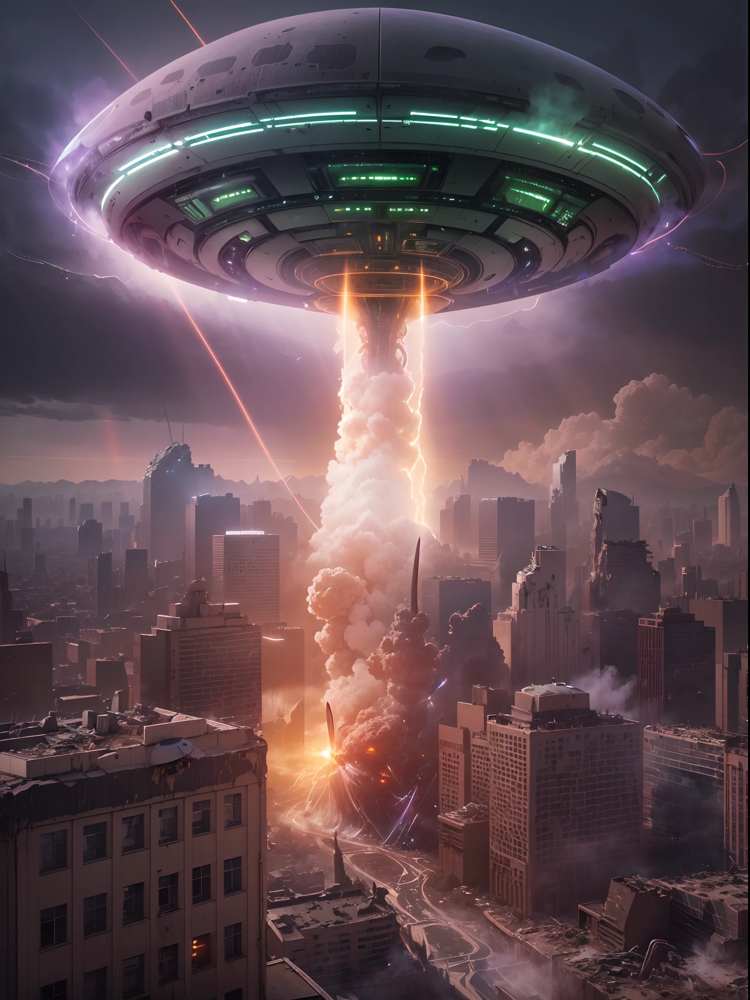 A huge UFO hits a big city, (Destroy the city with rays of light:1.5) , (1 Giant UFO:2) ,Destroy all skyscrapers, Iconic statue of the destroyed city, Pillars of rising smoke and fire,End of the world, (Best Quality), (masutepiece:1.3), Ultra-detailed, sharp shadows, 8k,Superb Detail, depth of fields, hyper detailed background, (Multiple alien attacks:1.7)