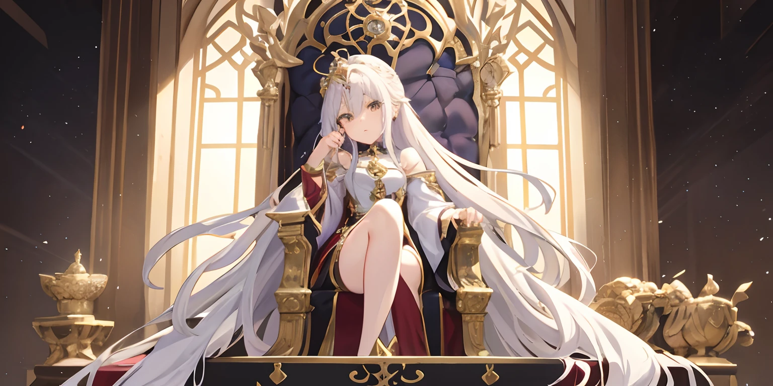 anime - style image of a woman sitting on a throne with a sword, white-haired god, Anime goddess, Detailed key anime art, ((a beautiful fantasy empress)), sitting in a gilded throne, Portrait Chevaliers du Zodiaque Fille, Kushatt Krenz Key Art Women, Epic light novel art cover, detailed anime art, sitting on her throne, sitting on intricate throne