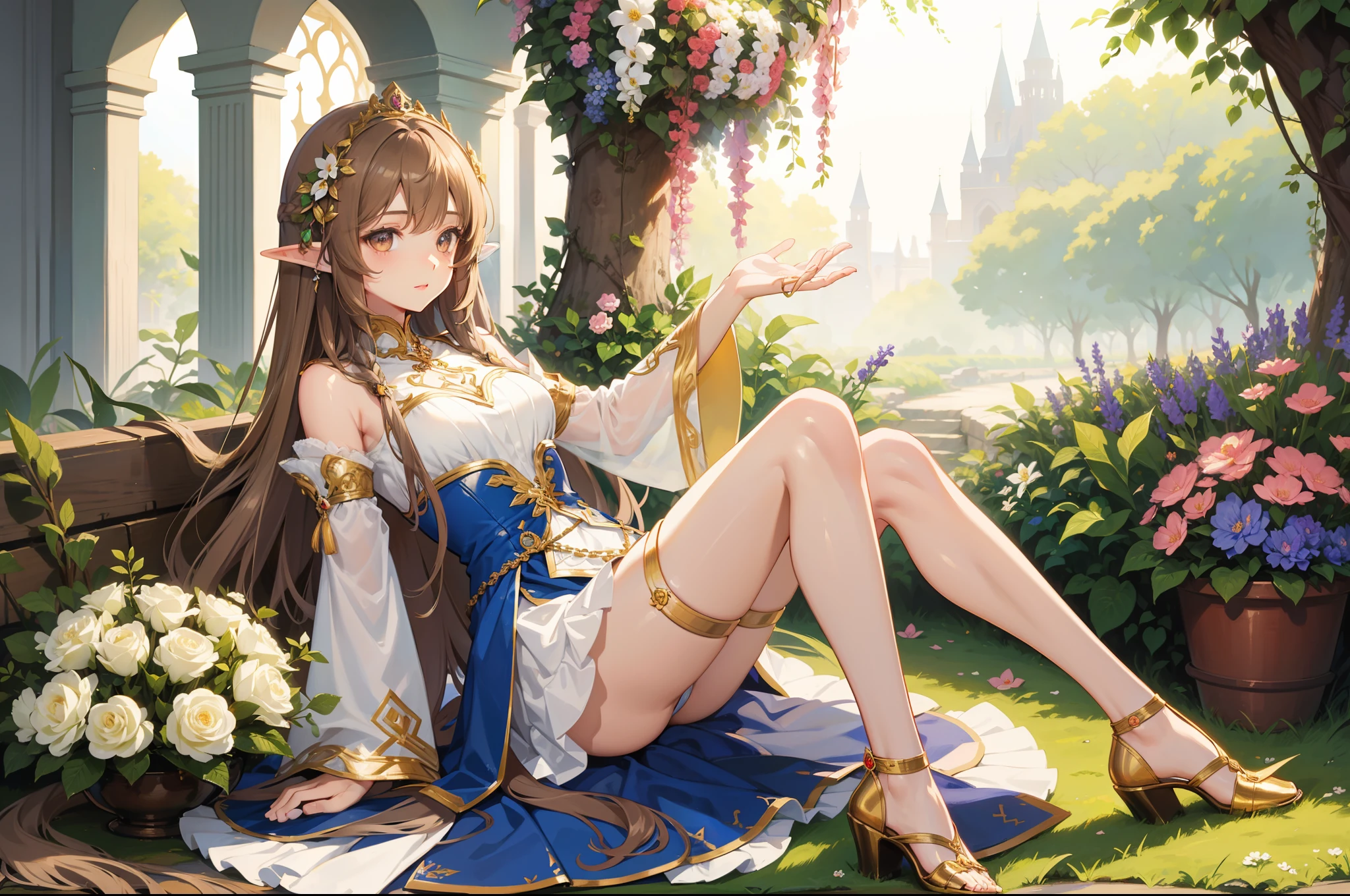 Elf Girl，light brown hair，length hair，brown eyes , shiny skins，A princess，Extremely detailed CGunity8 wallpaper，tmasterpiece，（ultra detali），（illustratio），（Flower hairpins，Flowers，gardener），grow，naturey，high-heeled，fullllbody，Complete clothes