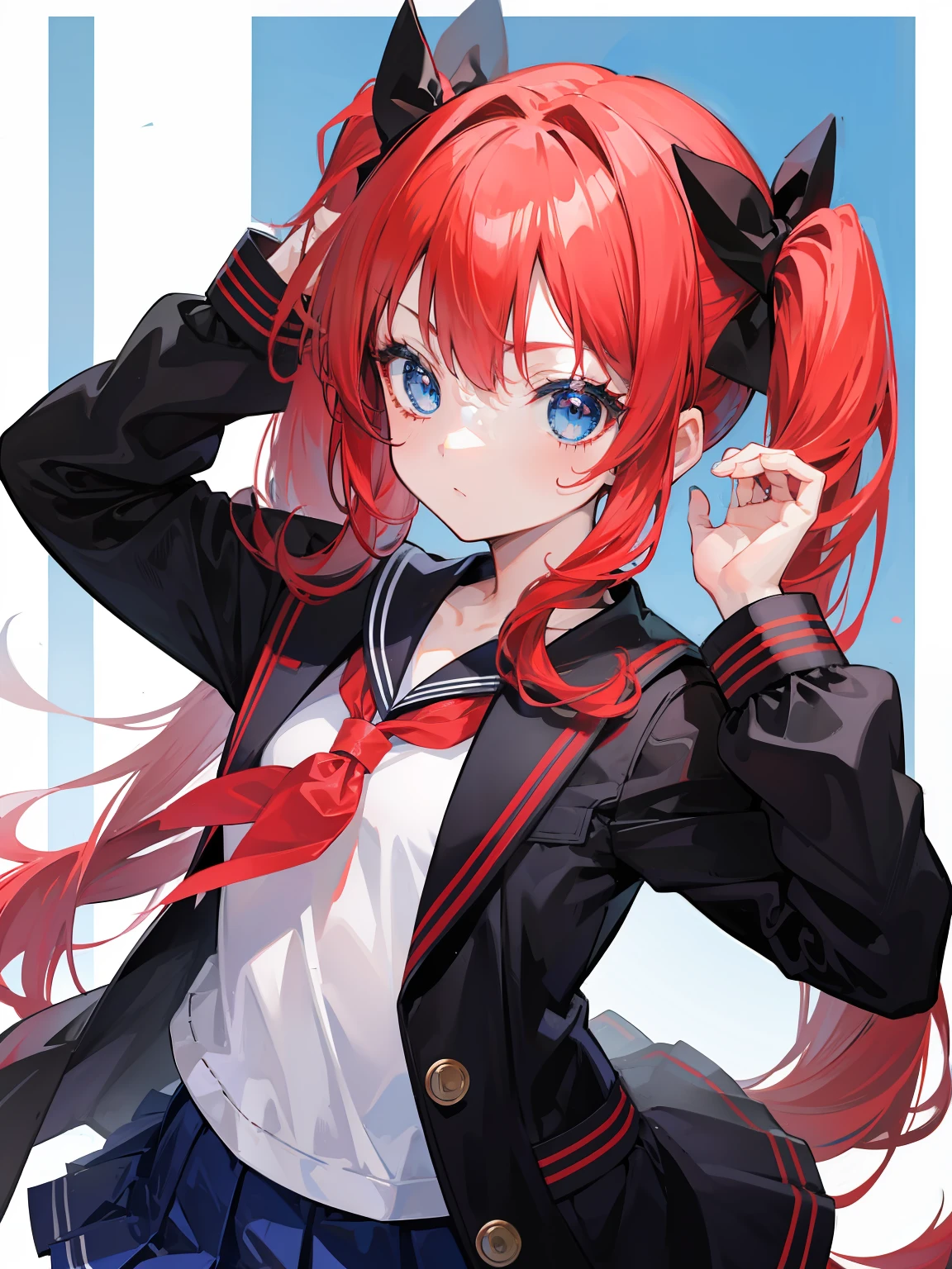 red hair, blue eyes, twintails, Sailor suit,black coat, Pleated skirt,solo,li,cute,bow