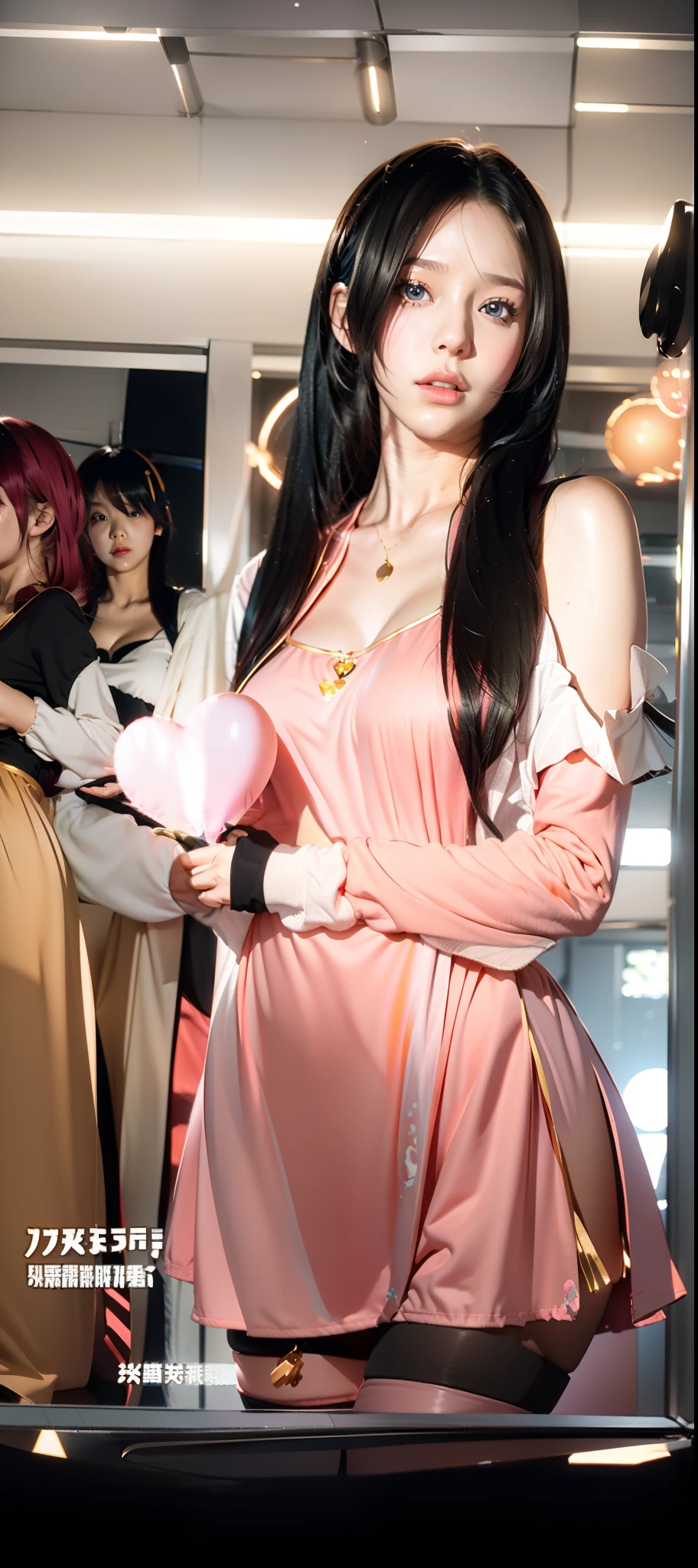 Close-up of a beautiful girl in a dress, Anime cosplay, cosplay, intriguing outfit, anime-inspired, Anime girl in real life, Realistic atmosphere, Ray traching,particle fx,She has a pair of wobbly chubby round tits, is shy,Peach heart eye,Wearing black stockings,Anime waifu,exposed