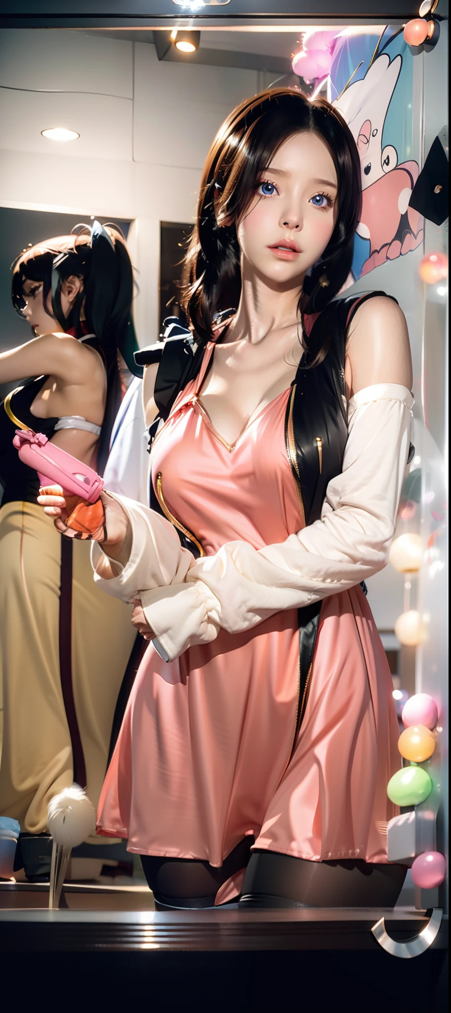 Close-up of a beautiful girl in a dress, Anime cosplay, cosplay, intriguing outfit, anime-inspired, Anime girl in real life, Realistic atmosphere, Ray traching,particle fx,She has a pair of wobbly chubby round tits, is shy,Peach heart eye,Wearing black stockings,Anime waifu,exposed