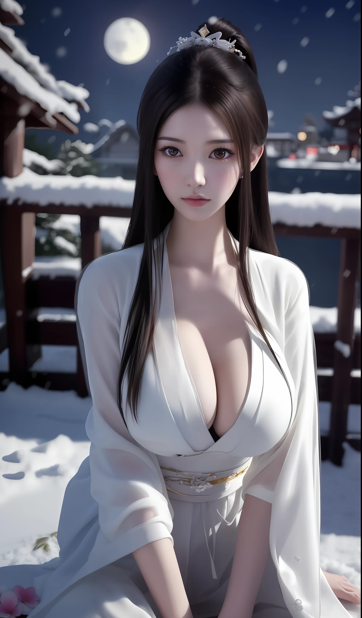 Close-up of a woman in a white dress sitting on a snow-covered ground, Japanese goddess, seductive anime girls, Anime girl in real life, beautiful and seductive anime woman, attractive anime girls, Chinese girl, Beautiful anime woman, gorgeous chinese models, Realistic anime, trending at cgstation, Beautiful anime girl, pale snow-white skin, trending on cgstation, Japanese model
