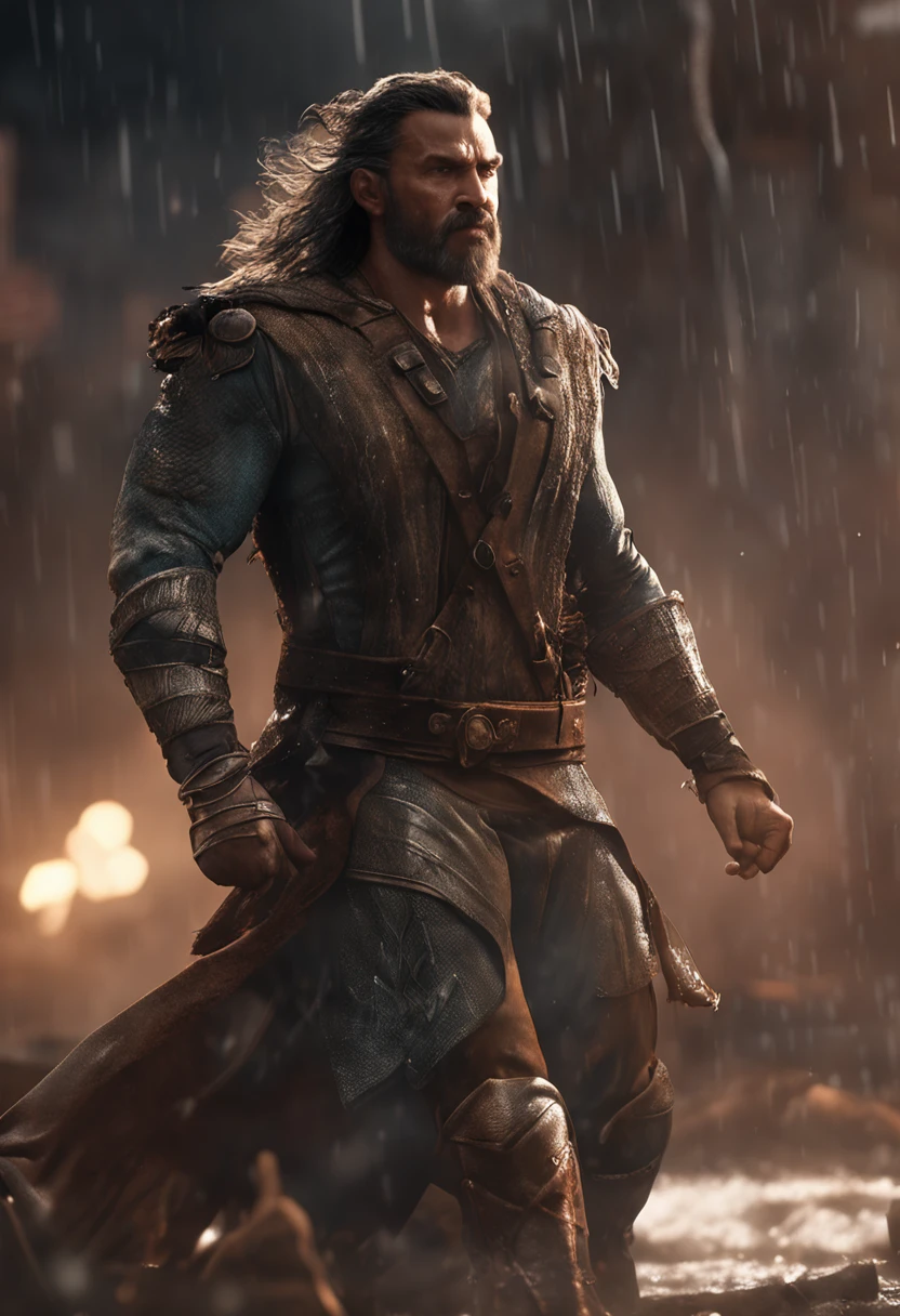(Professional 3D rendering:1.3) de (Realistic:1.3) Foto de arte mais bonita do mundo,Features soft, bright male heroes, ((Epic hero fantasy rough muscular man wet hero angry look long hair short beard and fierce expression in dynamic pose, fantastic location, majestoso ambiente desordenado)), corpo inteiro 8k unidade render, action shot, poros da pele, very dark lighting, sombreamento pesado, circunstanciado, Rosto detalhado, (vibrante, fotogrdeia realista, Realistic, Dramatic, Escuro, foco nítido, 8k), (Old leather clothes damaged by bad weather:1.4), ((((Use peles)))), (intrincado:1.4), decadente, (altamente detalhado:1.4), pintura digital, rendering by octane, art stations, Conceito-Arte, liso, foco nítido, illustration, germe da arte, (Loish:0.23), Wlop Ilya Kuvshinov, e Greg Rutkowski e Alphonse Mucha Gracias, (global ilumination, studiolight, Light Volumetric), chuva forte, floating particles, patife, fantasia, Onze, corpo inteiroesbian, ((Fundo escuro e antigo da cidade:1.3)),CGSesociedade,art stations
