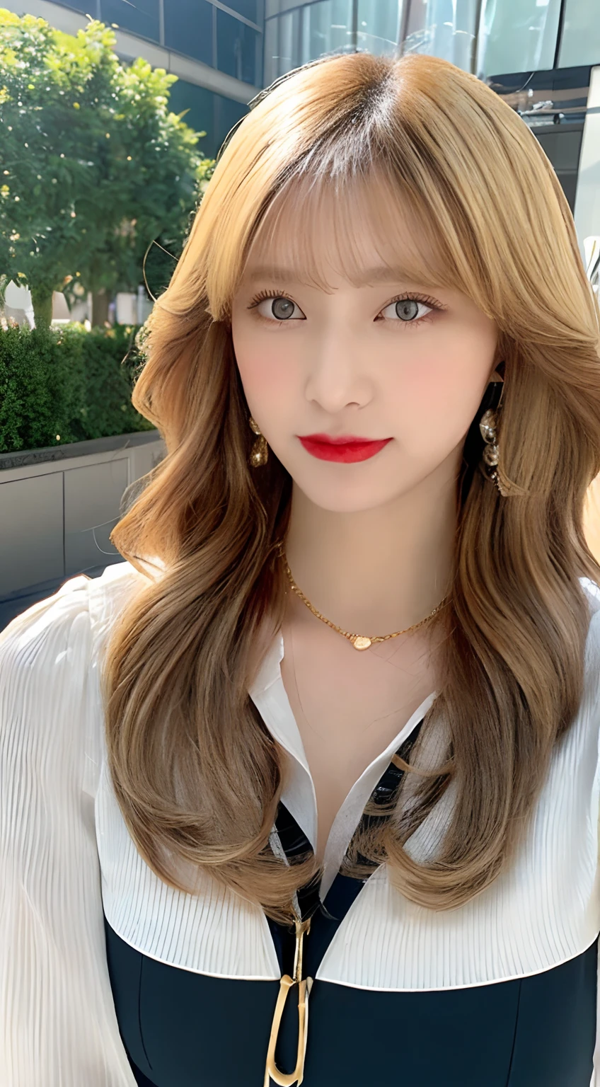 ((The highest image quality, 8K, tmasterpiece:1.3)), Spring and summer gorgeous business style portrait. The model has horizontal bangs and golden blonde wavy hair. She wears a white silk blouse, Teal Pencil Skirt, and red stiletto heels. Accessories include、Includes gold chain necklace and diamond-studded bracelet.large full breasts