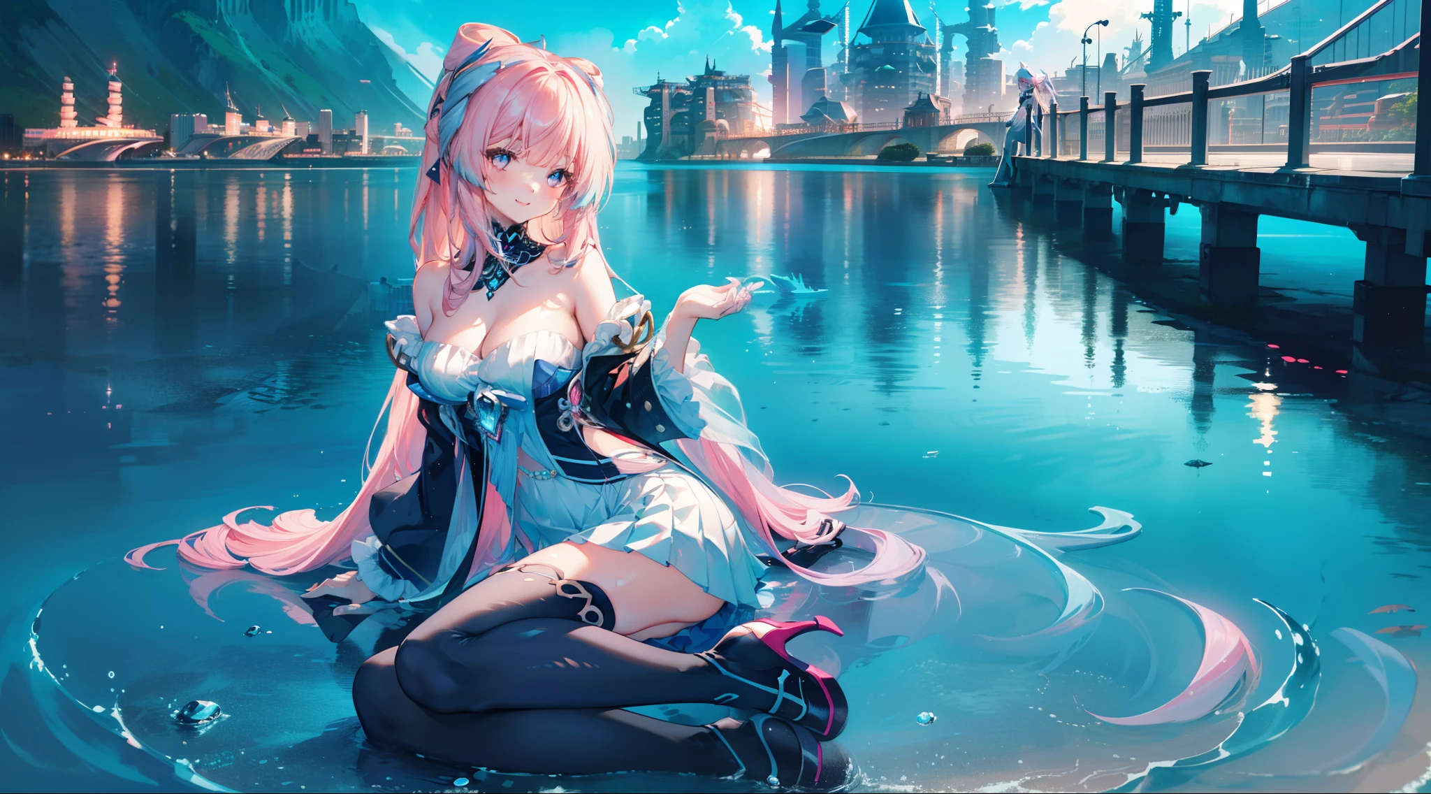 Gorgeous high heels,Under water,grabbing the breasts,Official fine art,tmasterpiece,Sharp focus,Long straight hair,Delicate and beautiful eyes and face,realisticlying,ultra - detailed,a beauty girl,blue-sky,Glowing white particles,(side-lighting:1.2),rays of sunshine,baiyun,Detailed clouds,Slender,Cute big breasts and big buttocks,Toothy laughter,((Laugh and open your eyes)),scenecy,Long straight hair, sexy facial expression, buliding, (Cityscape:1.7), Dynamic hair, Long straight hair, Delicate platinum-pink hair, glow blue eyes, (blue pleated shirt+white skirt), Long white socks, paleskin, hair adornments, epic landscapes,deep in the night,Masterpiece, Best quality,Bare shoulders, white thighhighs, Hair ribbon, Large breasts,