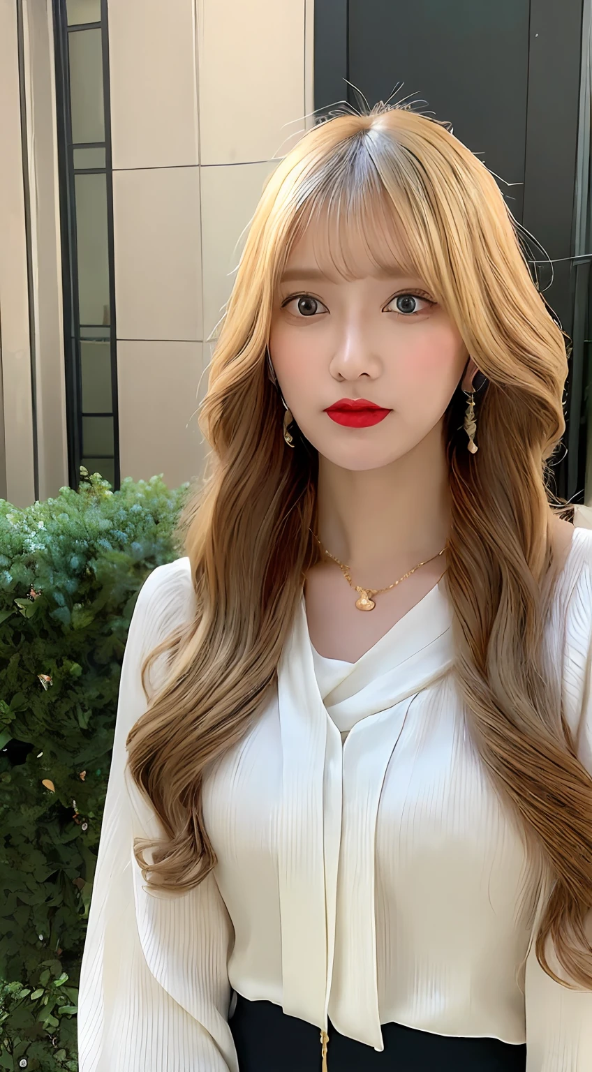 ((The highest image quality, 8K, tmasterpiece:1.3)), Spring and summer gorgeous business style portrait. The model has horizontal bangs and golden blonde wavy hair. She wears a white silk blouse, Teal Pencil Skirt, and red stiletto heels. Accessories include、Includes gold chain necklace and diamond-studded bracelet.large full breasts