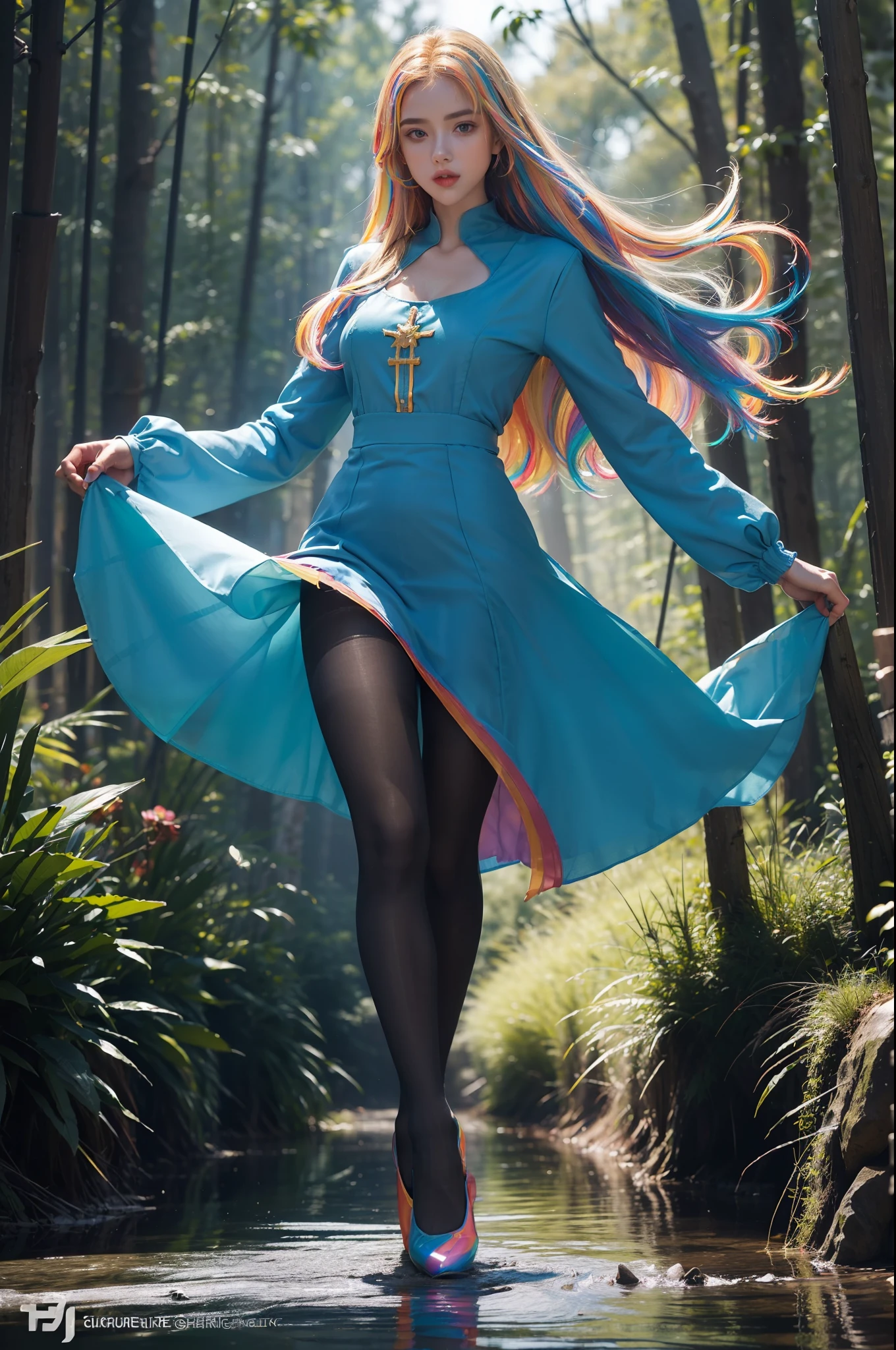 (full body:2),(1girl:1.3),(view the viewer:1.4),(anatomy correct:1.4),(((colorful pantyhose)):1.3), (pointed thick heels :1.3),,((Dancing By the creek in the forest):1.2),((Medieval female king's knee-length dress suit):1.3),(Extra Long blonde Hair:1.2),(Accurate and perfect face:1.3),(Long legs and big feet:1.3),((Polished clothing):1.2),((Skin reflection , Skin Gloss):1.2),((((( colorful)))):1.5),hyper HD, Ray traching, reflective light, structurally correct, Award-Awarded, high detail, lighten shade contrast, Face lighting ,cinematic lighting, masterpiece, super detailing, high quality, high detail, best quality, 16k,High contrast,