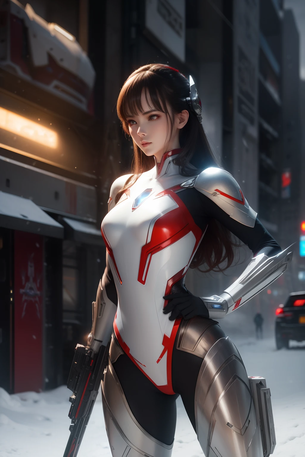 ​masterpiece、top-quality、hight resolution、cyberpunked、Real with creativity、White and red metal body、Slender woman、Beast Woman、Ultraman、snow-white body、(Stance:1.1)、Biomechanics、 Megacities of the future、Dramatic Lighting、Beam rifle in hand、