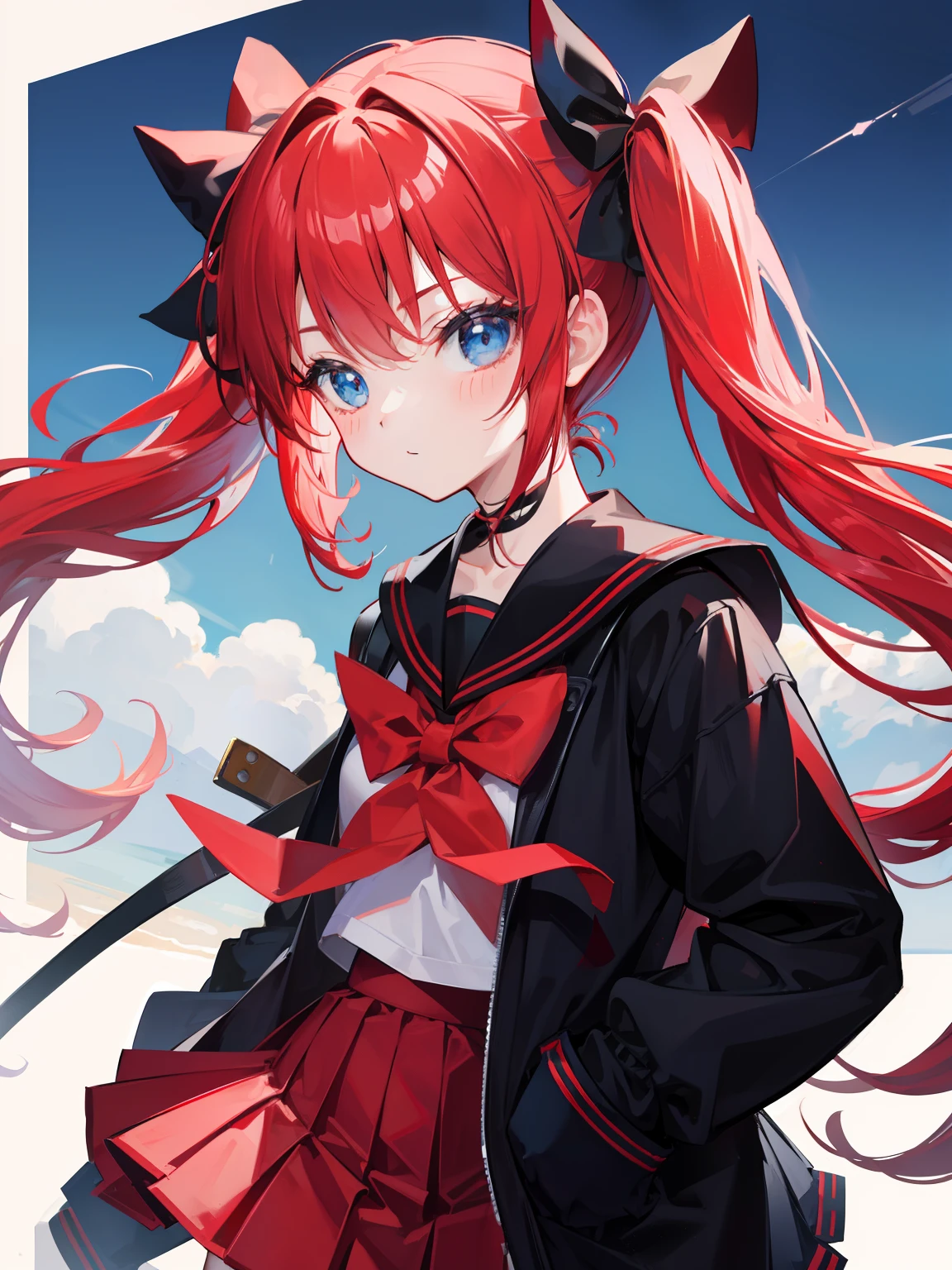 red hair, blue eyes, twintails, Sailor suit,black coat, Pleated skirt,solo,loli,cute,bow