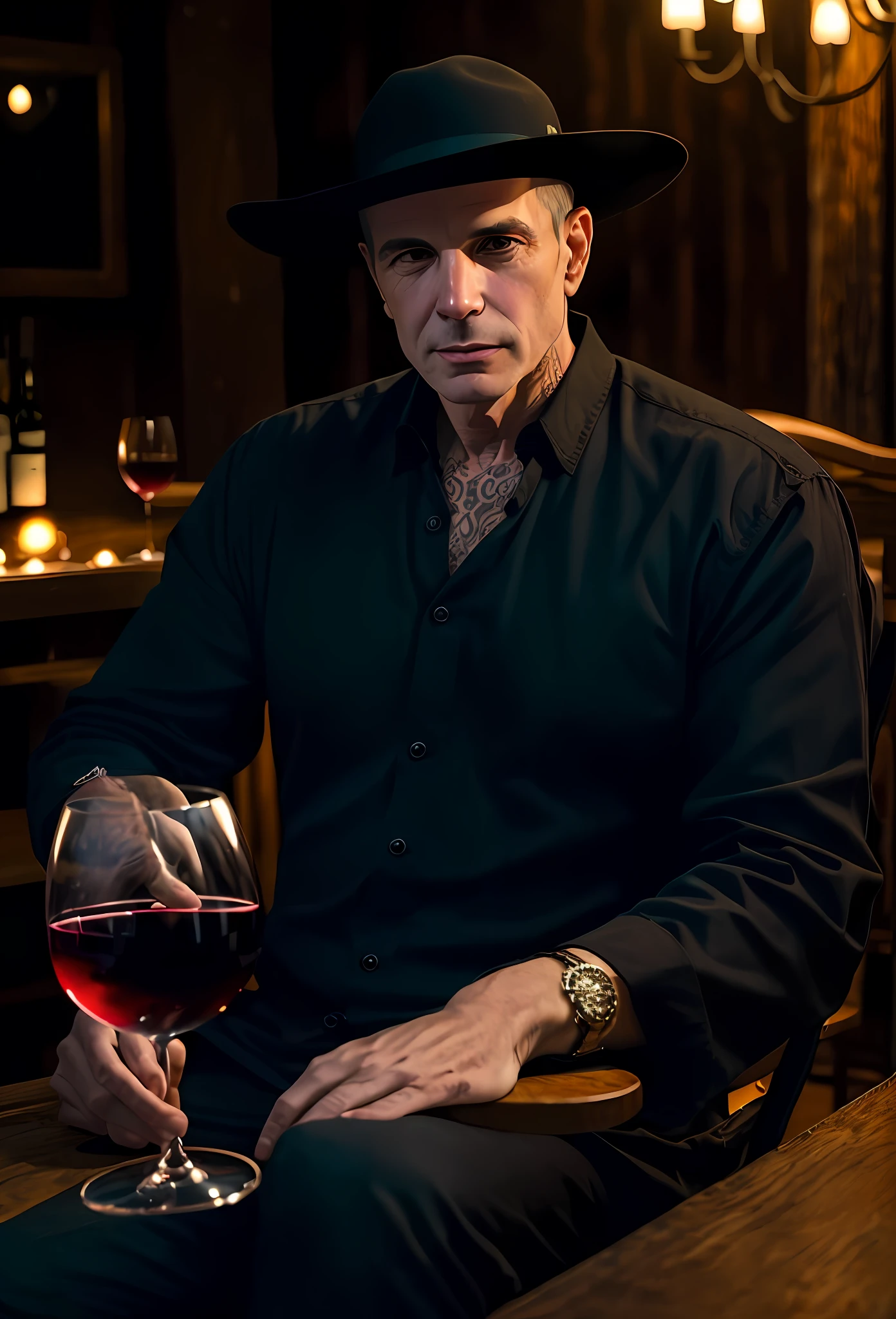 robert_dd a 47 yo man wearing a black jacket, red shirt, and jeans sitting in a bar, holding a glass of beer, looking at the viewer. 4k, backlight, cinematic, cinematic  light, master piece, ultra detailed, correct eyes and face, (photorealistic:1.2), (side view:0.6) <lora:robert_dream_daddy-10:0.9>