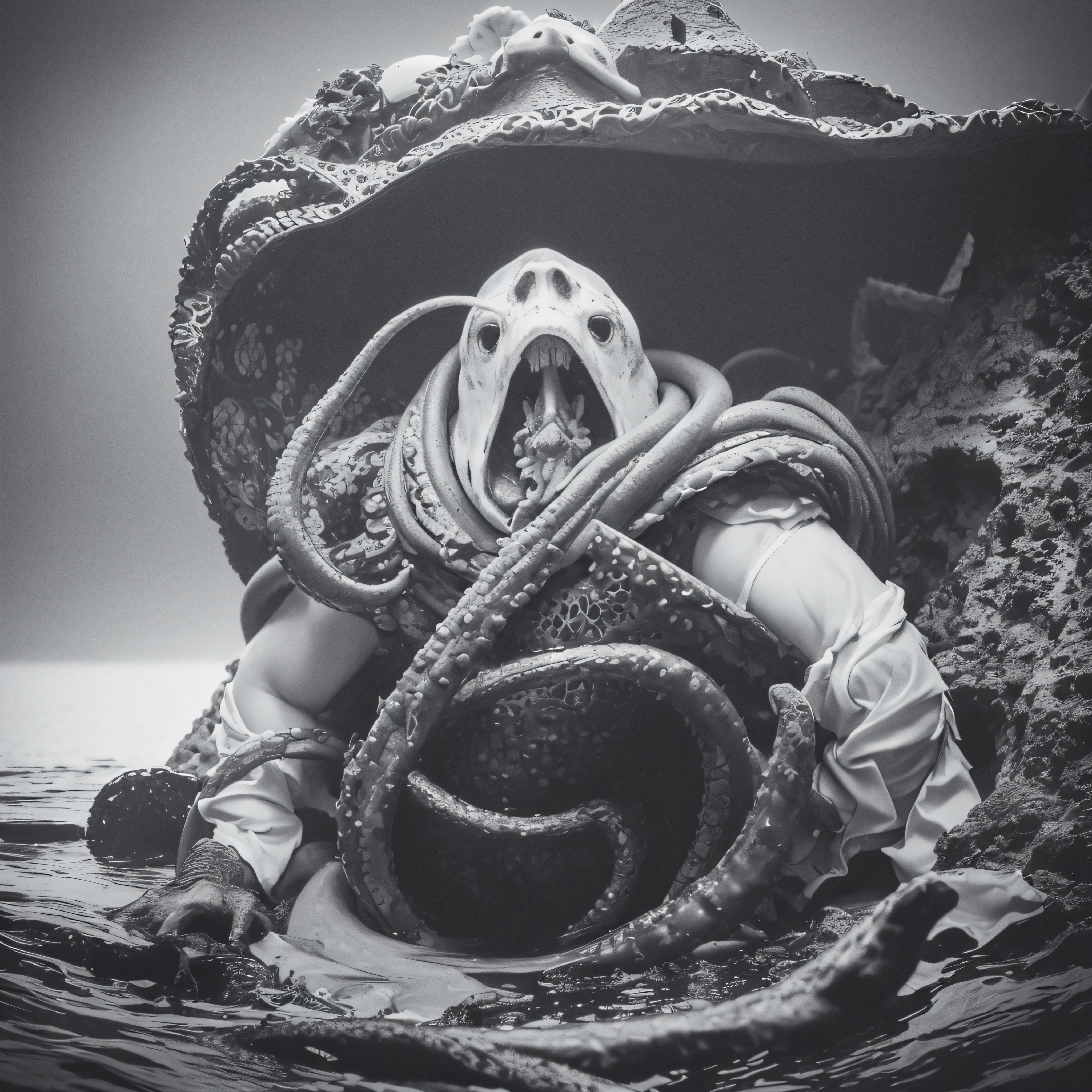 (extremadamente detallado, obra maestra, La mejor calidad, Under the Ocean), Estilo oscuro, volumetric illumination. armadura medieval, rostro con arrugas, lengua larga, tentacle, deforme, imagen submarina vista desde el exterior, pico de pulpo amenazante. manchas de tinta. Rococo composition. Luz de caravaggio