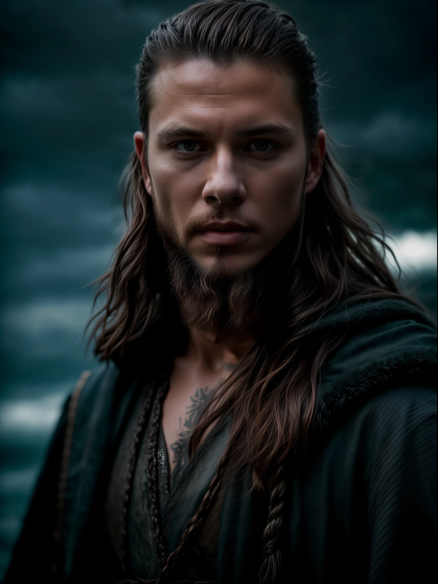 Realistic 8k image of Ivar the Boneless (with black hair) onboard a viking longship, ((low angle hero shot)), (Upper body closeup), show Ivar navigating treacherous waters, Ivar is navigating his crew, show Ivar commanding the ship crew, this scene will be dark and scary, highlighting Ivar the Boneless sailing on treacherous waters, dark tones with moonlit seas, dark and intimidating atmosphere like Viking series colour tone, ((sharp focus on portrait)), (balanced composition), high quality and realistic image, cinematic style, ((Best quality, 8k, Masterpiece), rough face, detailed skin, masterpiece, professional photography, (high detail:1 1), natural skin, (detailed face and eyes), (face: 1 2), noise, real photo, film photography, high resolution, 8k, realistic, 8k UHD, SLR camera, high quality, film grain, (Fujifilm X-T20, Fujifilm Fujinon XF 50mm f/2 R WR lens, Lens focal Length 50mm, Shutter speed 1/300 sec, APERTURE: 2, ISO: 80), volumetric lighting, dark background, dark fantasy, highly detailed, sharp focus, shallow depth of field, bokeh, blurry background, high contrast, contrast lighting, (dim colours), exposure blend, (dusty:1.3)