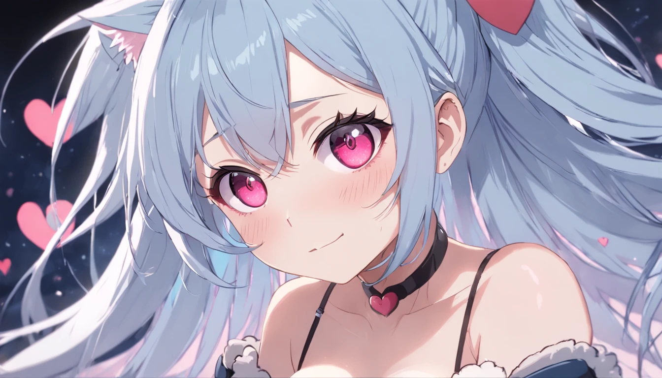 1girll,full bodyesbian,Bigchest,Raised sexy,long eyelasher, Silver hair, Light blue hair, Gradient hair, hair pin, Hairpin, hair adornments, Heart-shaped pupils, Pink eyes, Cat ears, Light smile, Shy, Blush, hearts in eyes, anime big breast, Anime style, 8K, Super detail, Best quality, hyper HD, Masterpiece, High details, High quality, Best quality