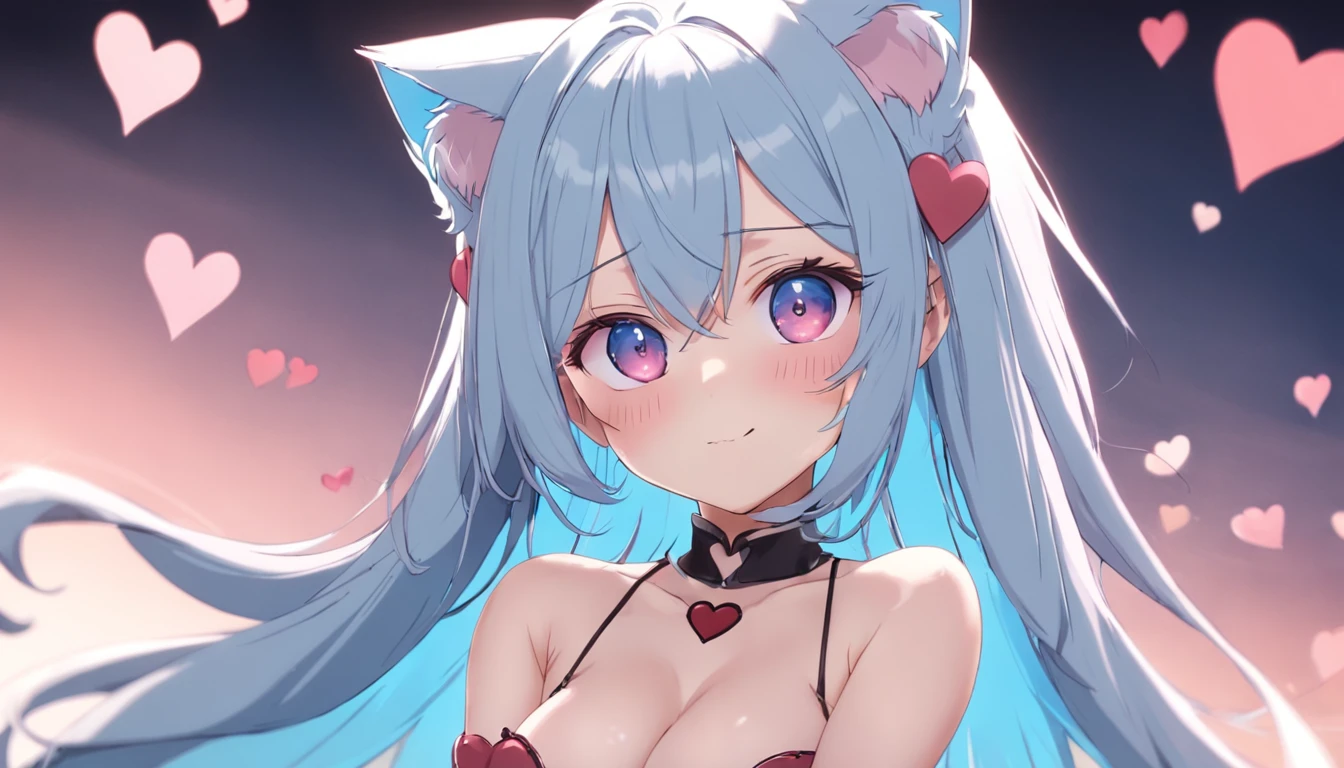 1girll,full bodyesbian,long eyelasher, Silver hair, Light blue hair, Gradient hair, hair pin, Hairpin, hair adornments, Heart-shaped pupils, Pink eyes, Cat ears, Light smile, Shy, Blush, hearts in eyes, anime big breast, Anime style, 8K, Super detail, Best quality, hyper HD, Masterpiece, High details, High quality, Best quality