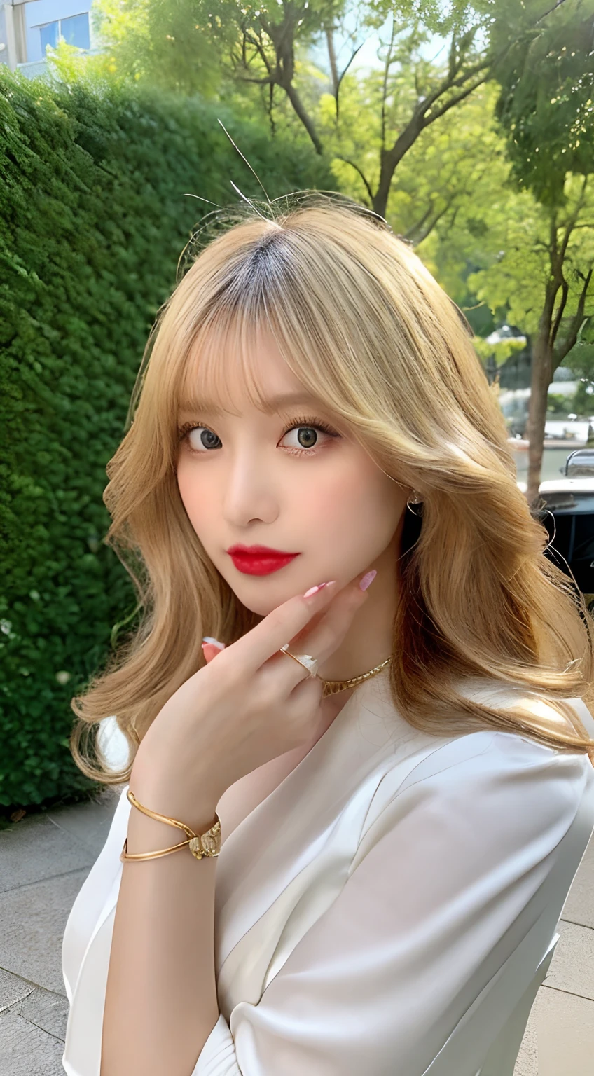 ((The highest image quality, 8K, tmasterpiece:1.3)), Spring and summer gorgeous business style portrait. The model has horizontal bangs and golden blonde wavy hair. She wears a white silk blouse, Teal Pencil Skirt, and red stiletto heels. Accessories include、Includes gold chain necklace and diamond-studded bracelet.large full breasts