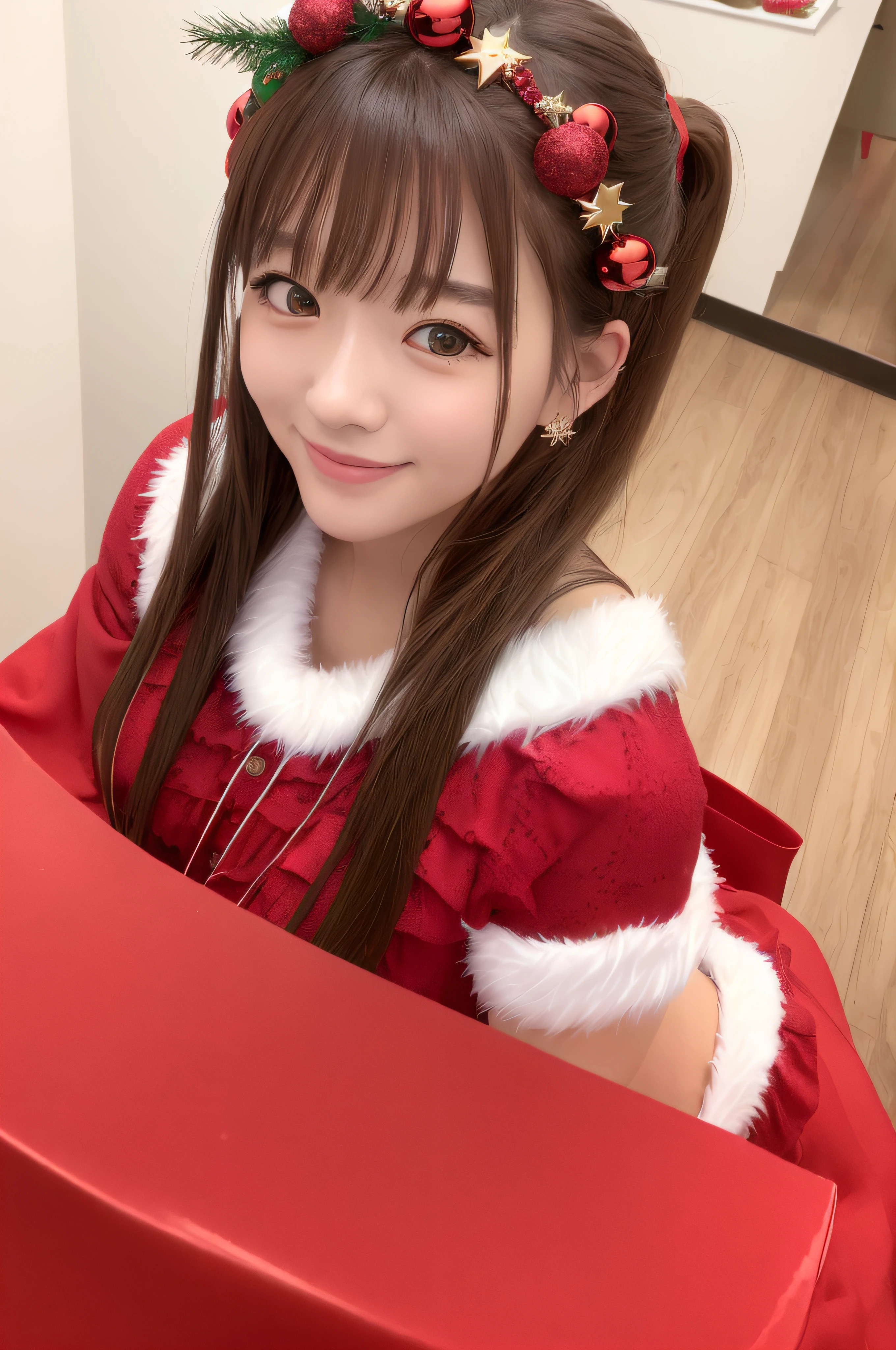 Christmas、masterpiece、top-quality、Very Detailed Masterpiece、hight resolution、8K、Christmas tree、femele、hi-school girl、JK、Christmas_Dress、Santa Claus costume、a smile、ssmile、独奏、 Brown hair、Naked femele