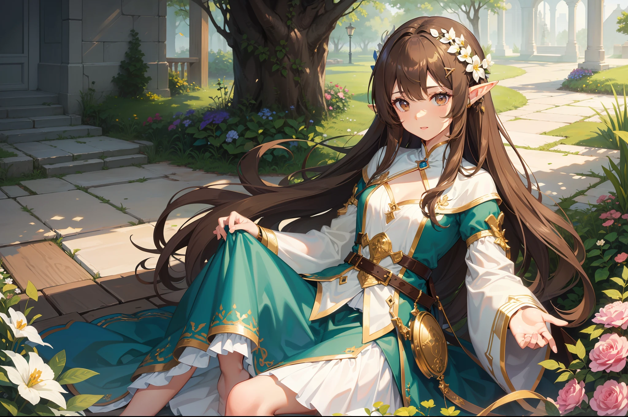 Elf Girl,light brown hair,length hair,brown eyes , shiny skins,A princess,Extremely detailed CGunity8 wallpaper,tmasterpiece,(ultra detali),(illustratio),(Flower hairpins,Flowers,gardener),grow,naturey,high-heeled,Complete clothes