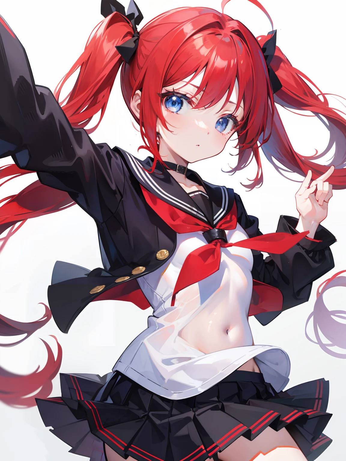 red hair, blue eyes, twintails, Sailor suit,black coat, Pleated skirt,solo,loli,cute,bow