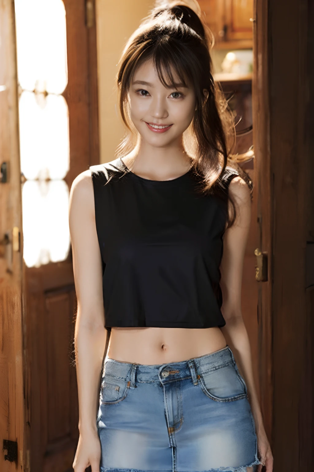 (8K、Raw photography、top-quality、​masterpiece:1.2)、(realisitic、Photorealsitic:1.37)、Ultra mini skirt、White shorts、ultra-detailliert、Full body posture、Beautiful constriction、Sleeveless、超A high resolution、1人、denim skirt、Low-rise miniskirt、Beautiful navel、beautiful thigh、Beautiful bust、flaxen ponytail、Short clothing、see the beholder、beautifull detailed face、A smile、Constriction、(Slim waist) :1.3)、The shirt、Beautiful detailed skin、Skin Texture、floated hair、profetional lighting、