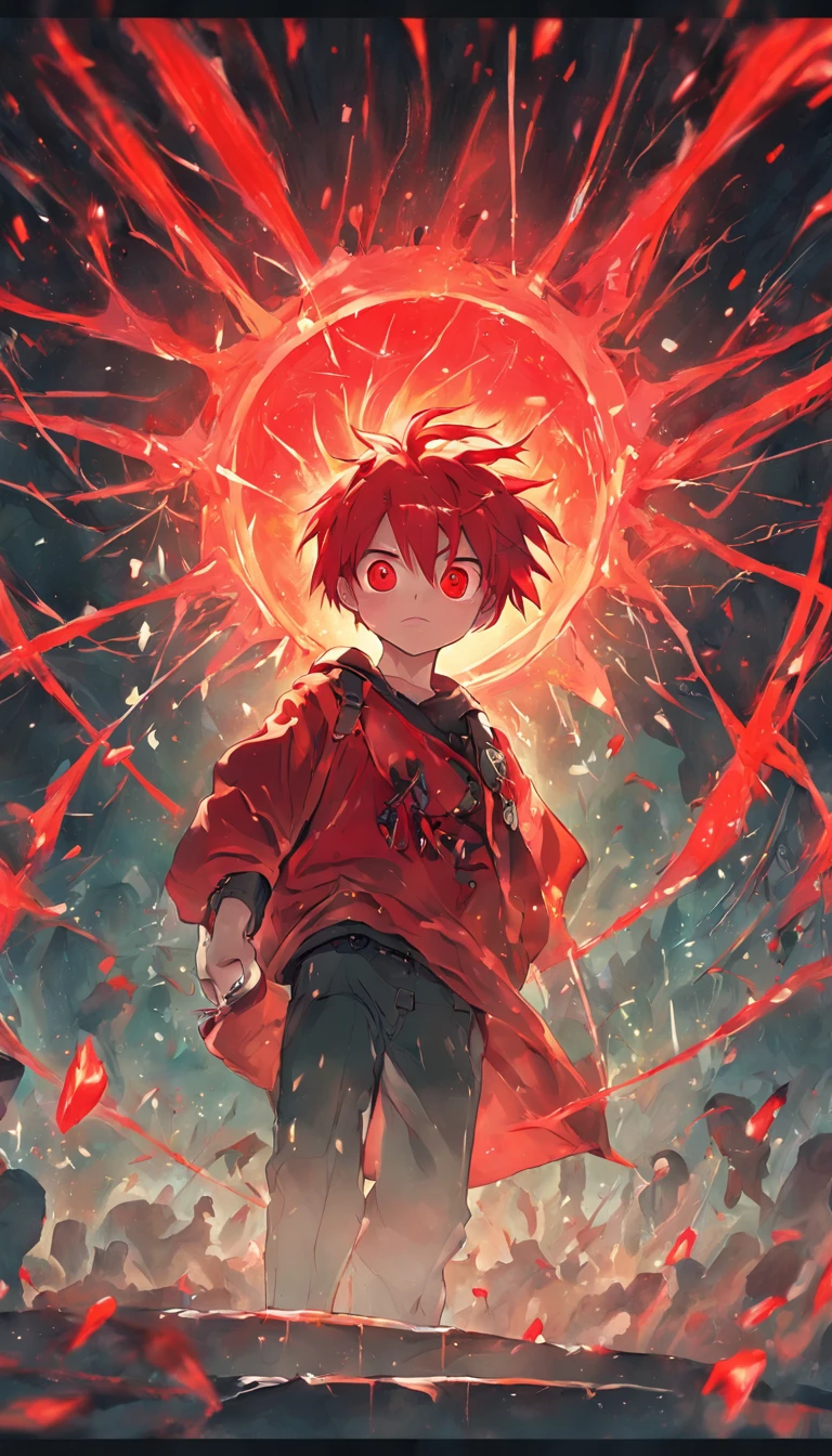 A painting that represents the essence of magic in your world, red color eyes, The protagonist with red hair,Green clothes,Cactus background,School bully,Red bandana,contempt eyes,with thorns,Immerse yourself in a barrage of magical energy, Glowing red particles dance around him,Mysterious symbols form in the air,Libido boy