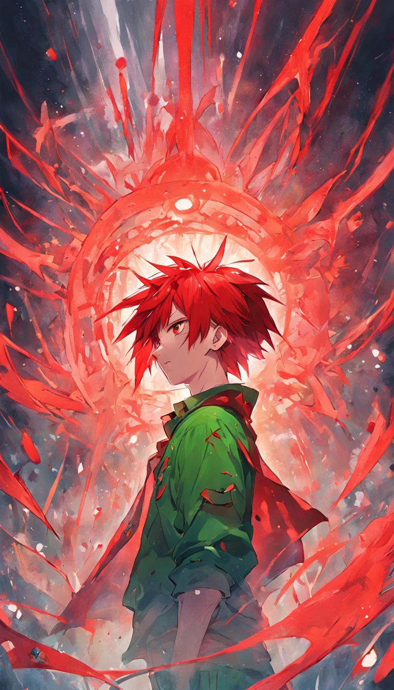 A painting that represents the essence of magic in your world, red color eyes, The protagonist with red hair，Green clothes，Cactus background，School bully，Red bandana，contempt eyes，with thorns，Immerse yourself in a barrage of magical energy, Glowing red particles dance around him，Mysterious symbols form in the air，Libido boy