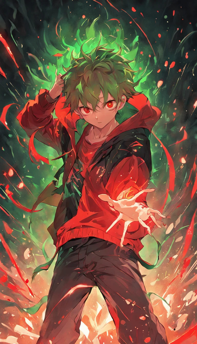 A painting that represents the essence of magic in your world, red color eyes, The protagonist with red hair，Green clothes，Cactus background，School bully，Red bandana，contempt eyes，with thorns，Immerse yourself in a barrage of magical energy, Glowing red particles dance around him，Mysterious symbols form in the air，Libido boy