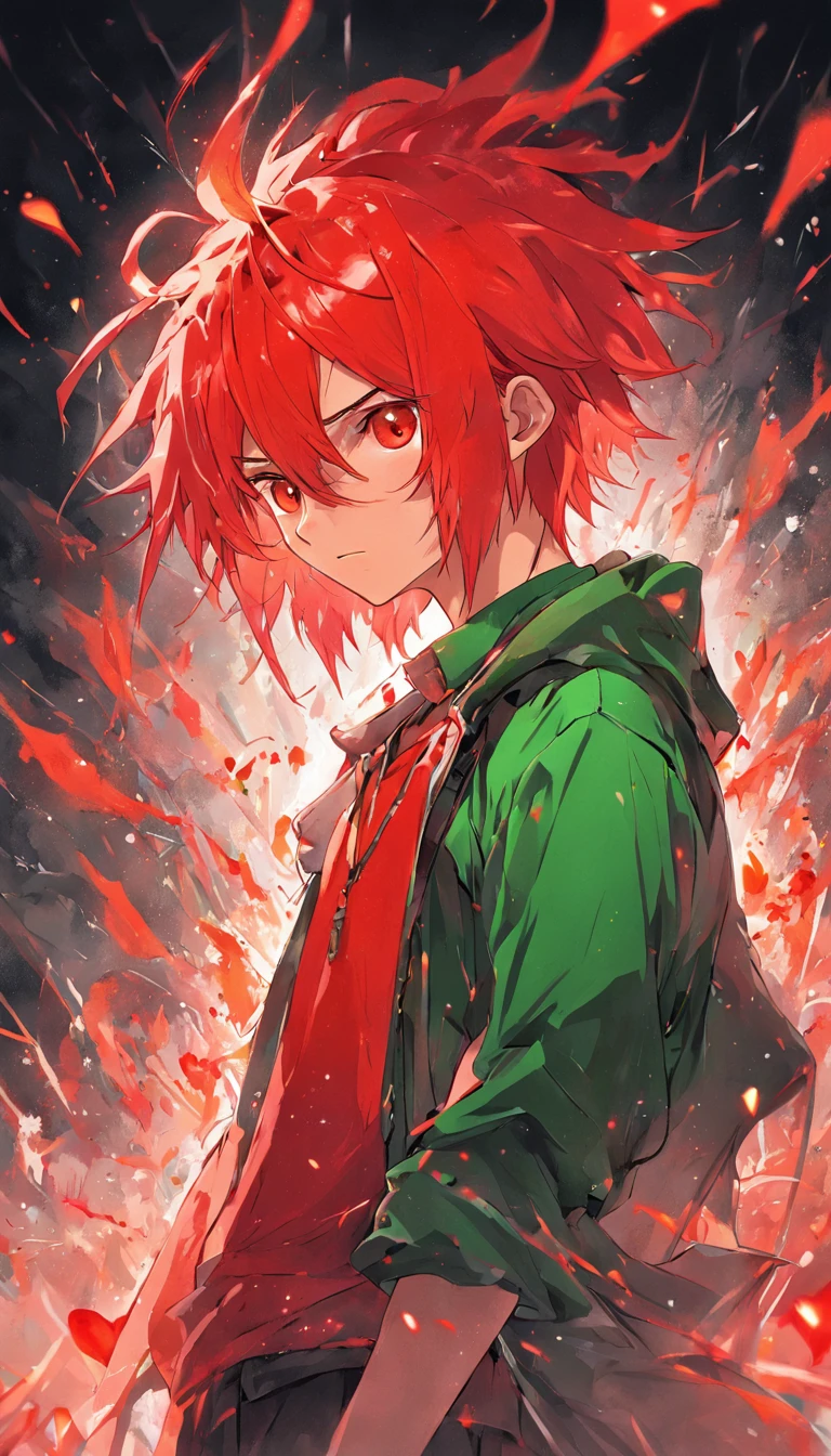 A painting that represents the essence of magic in your world, red color eyes, The protagonist with red hair，Green clothes，Cactus background，School bully，Red bandana，contempt eyes，with thorns，Immerse yourself in a barrage of magical energy, Glowing red particles dance around him，Mysterious symbols form in the air，Libido boy