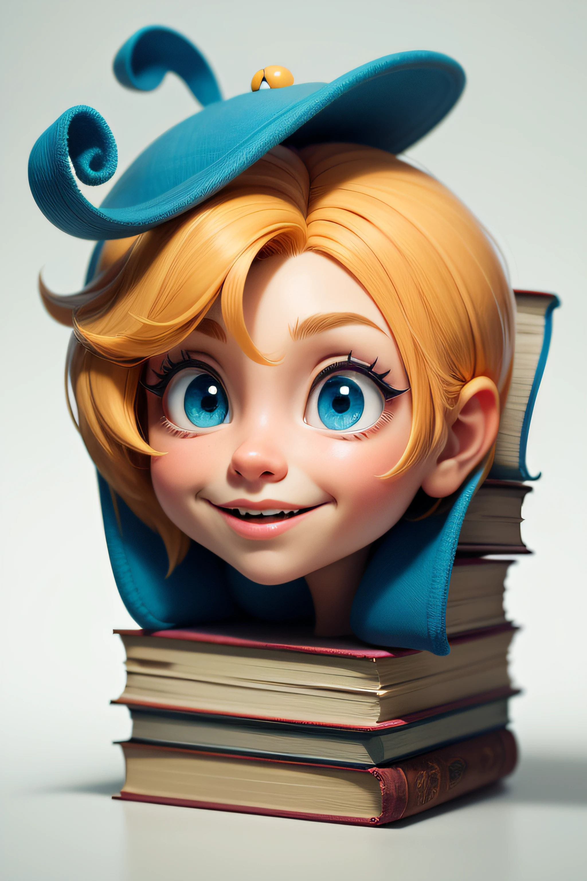 Cartoon head coming out of the inside several books
