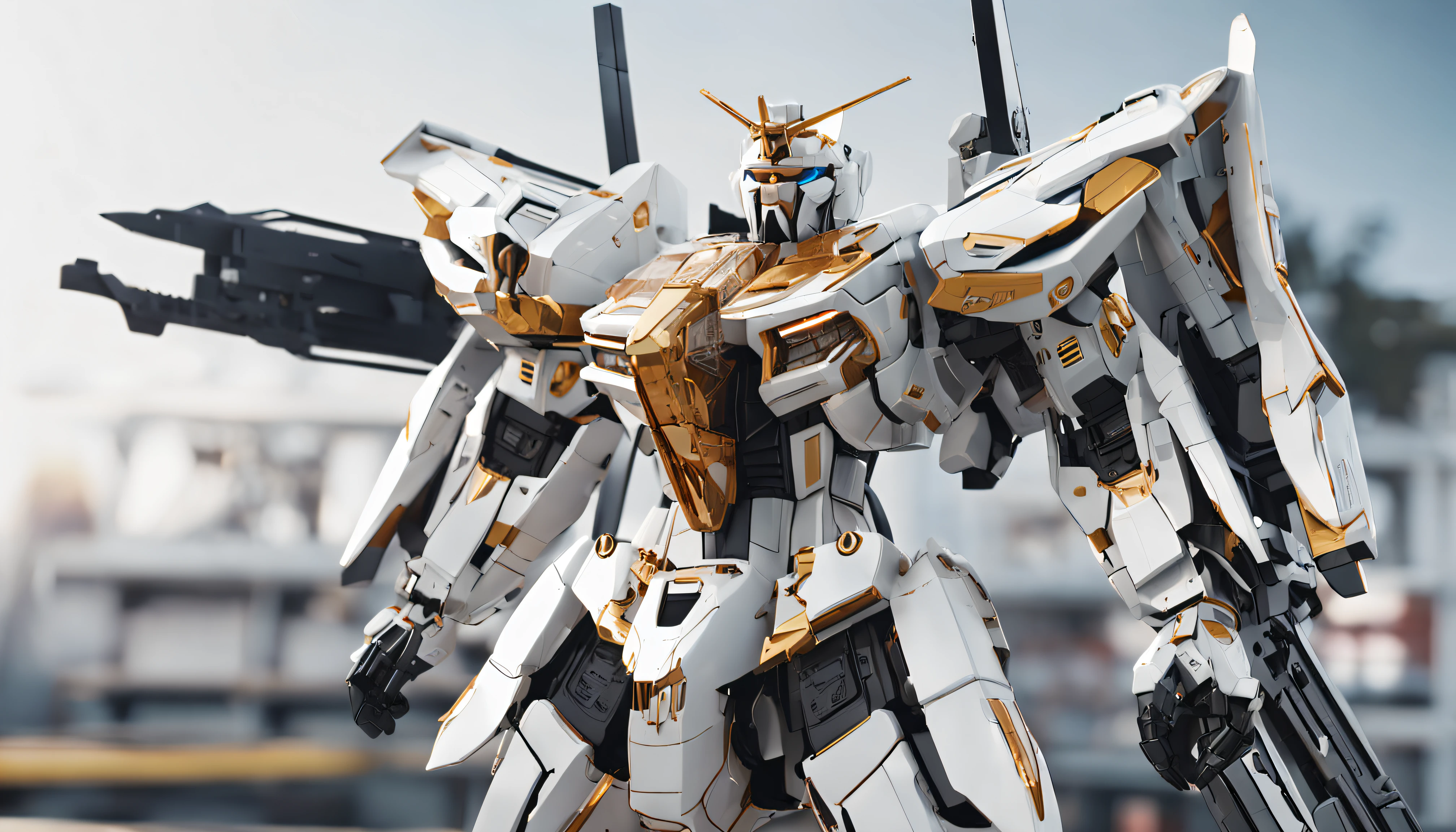 The picture shows the white and gold Gundam。, The style in the intersecting plane is highly realistic, grandeur of scale, Playful and complex, Glassy translucent, posing elegantly, super detailing, Maxon Cinema 4D, High detail, 32k --s 1000 --varnish --AR 9:16