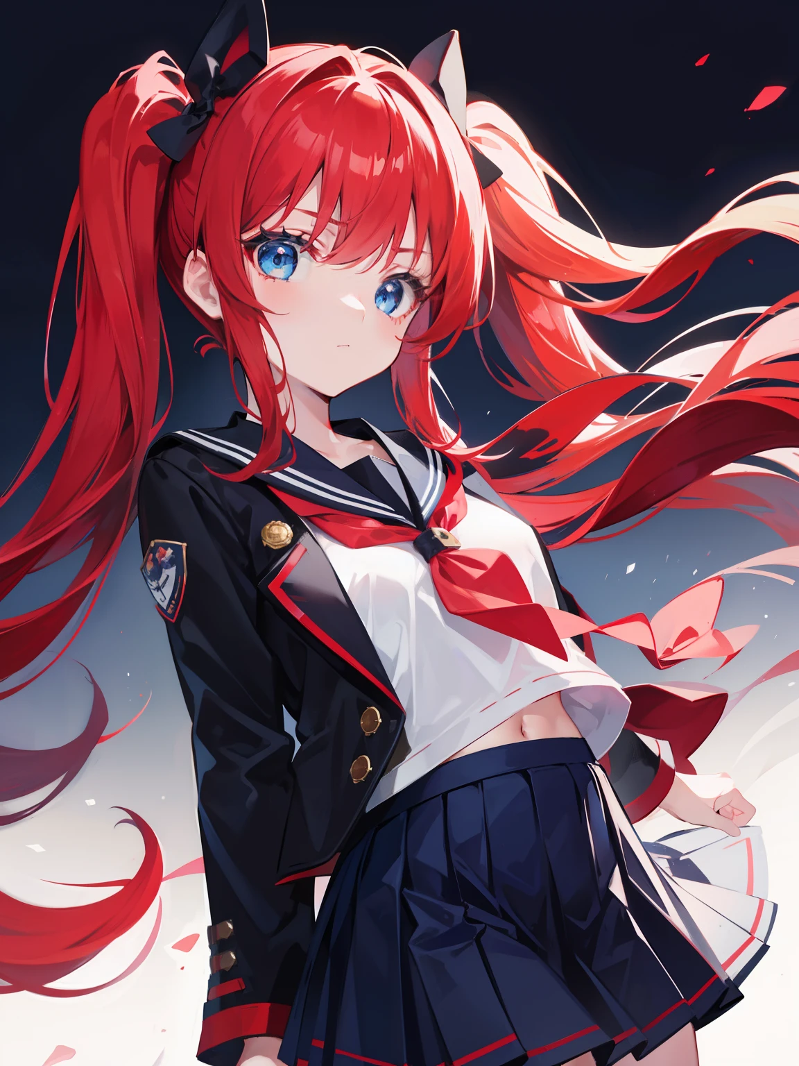 red hair, blue eyes, twintails, Sailor suit,black coat, Pleated skirt,solo,loli,cute,bow