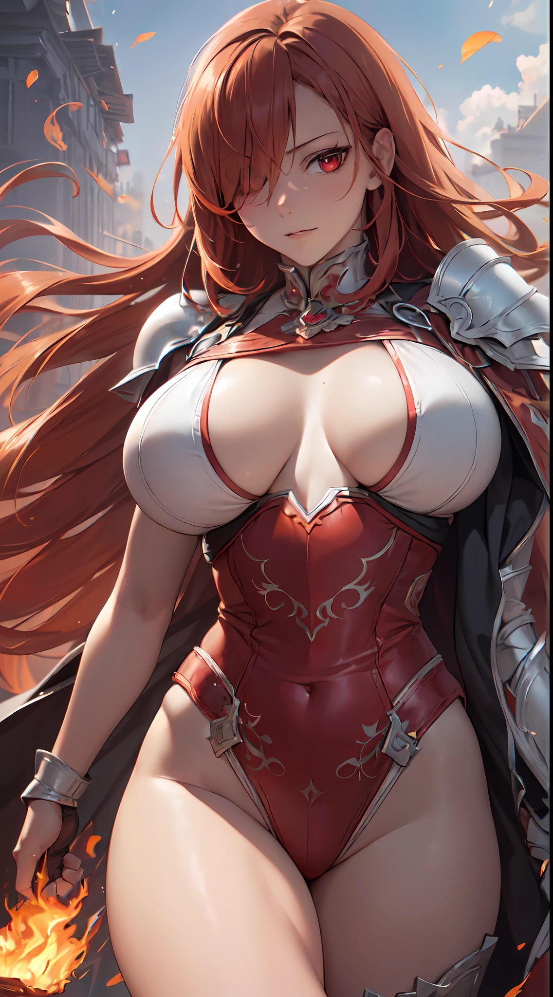 (masutepiece:1.5), the Extremely Detailed CG Unity 8K Wallpapers,(Realistic,Photorealsitic,hyper realisitic:1.5),(during daytime,bloom:1.4),(Curve,Model,glamor:1.5),Beautiful breasts,Farbe_aberration,beautiful detailed shadow,Beautiful eyes,Beautiful body,Beautiful skin,beautifull hands,(Western armor:1.4),(Red hair,Long hair,Red Eyes:1.5)、(Holding a flaming sword in his hand,Holding a sword:1.4),(Large_breasts:1.5),Rin々Shishi Face,(A well-proportioned and perfect body:1.5),intricate detailes, from a_Below, shiny_skin, (Hair over one eye:1.2), side locks, (Hair fluttering in the wind:1.3), (Burning feathers:1.4),Anime girl with red hair and sword in front of the city, female redhead templar,redhead queen in heavy red armor, lady in red armor, Red armor, armor girl,