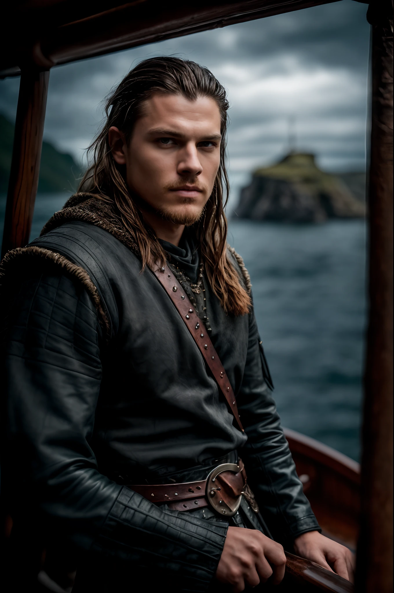 Realistic 8k image of Ivar the Boneless (with black hair) onboard a viking longship, ((low angle hero shot)), (Upper body closeup), show Ivar navigating treacherous waters, Ivar is navigating his crew, show Ivar commanding the ship crew, this scene will be dark and scary, highlighting Ivar the Boneless sailing on treacherous waters, dark tones with moonlit seas, dark and intimidating atmosphere like Viking series colour tone, ((balanced composition)) (high quality and realistic image), cinematic style, ((Best quality, 8k, Masterpiece), rough face, detailed skin, masterpiece, professional photography, (high detail:1 1), natural skin, (detailed face and eyes), (face: 1 2), noise, real photo, film photography, high resolution, 8k, realistic, 8k UHD, SLR camera, high quality, film grain, (Fujifilm X-T20, Fujifilm Fujinon XF 50mm f/2 R WR lens, Lens focal Length 50mm, Shutter speed 1/300 sec, APERTURE: 2, ISO: 80), volumetric lighting, dark background, dark fantasy, highly detailed, sharp focus, shallow depth of field, bokeh, blurry background, high contrast, contrast lighting, (dim colors), exposure blend, (dusty:1.3)