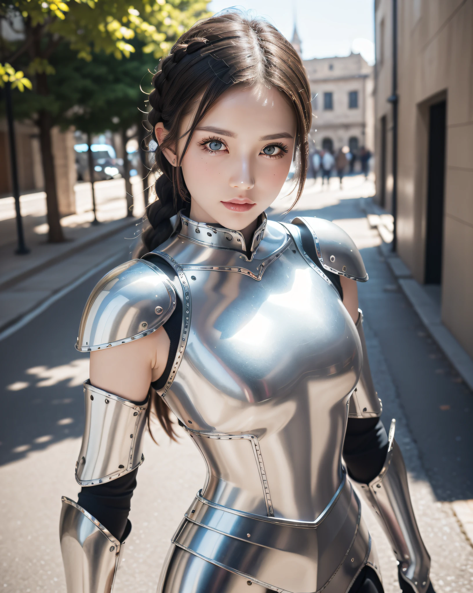 (masterpiece, best quality),(extremely intricate:1.3), (realistic), 1girl, milf, caucasian, green eyes, perfect eyes, perfect iris, perfect pupils, perfect lips,perfect nose, perfect hands, very detailed hands, perfect fingers, black hair, short hair, straight hair, small braid in her hair, (medieval armor), metal reflections, (((silver armor))), outdoors, far away castle, (ornately decorated armor), (insanely detailed, bloom:1.5), chainmail, intense sunlight, professional photograph of a stunning woman detailed, sharp focus, award winning, cinematic lighting, blurry background, upper body, ((confident)), (Pose:looking at the camera),mecha