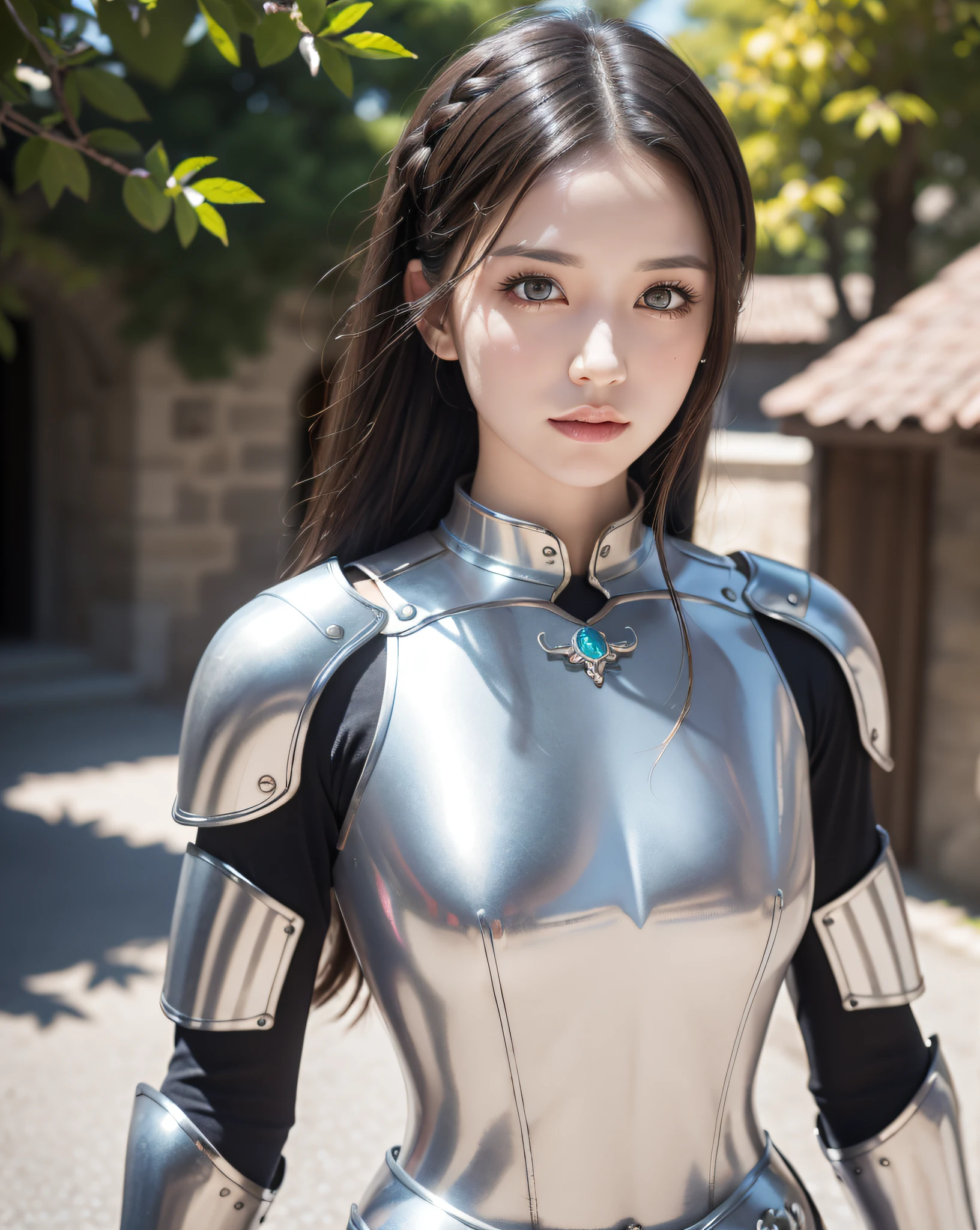(masterpiece, best quality),(extremely intricate:1.3), (realistic), 1girl, milf, caucasian, green eyes, perfect eyes, perfect iris, perfect pupils, perfect lips,perfect nose, perfect hands, very detailed hands, perfect fingers, black hair, short hair, straight hair, small braid in her hair, (medieval armor), metal reflections, (((silver armor))), outdoors, far away castle, (ornately decorated armor), (insanely detailed, bloom:1.5), chainmail, intense sunlight, professional photograph of a stunning woman detailed, sharp focus, award winning, cinematic lighting, blurry background, upper body, ((confident)), (Pose:looking at the camera),mecha