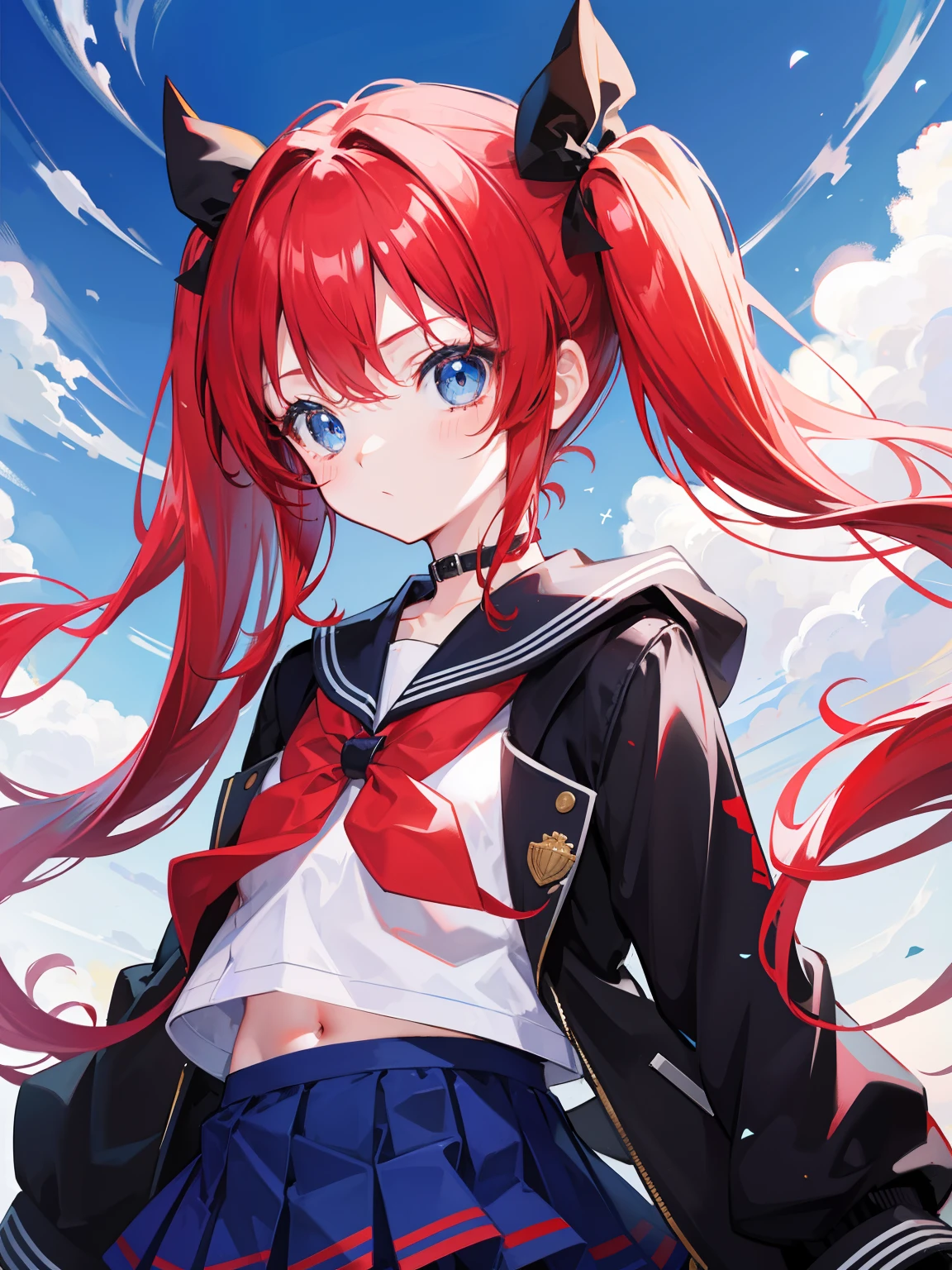 red hair, blue eyes, twintails, Sailor suit,black coat, Pleated skirt,solo,loli,cute,bow