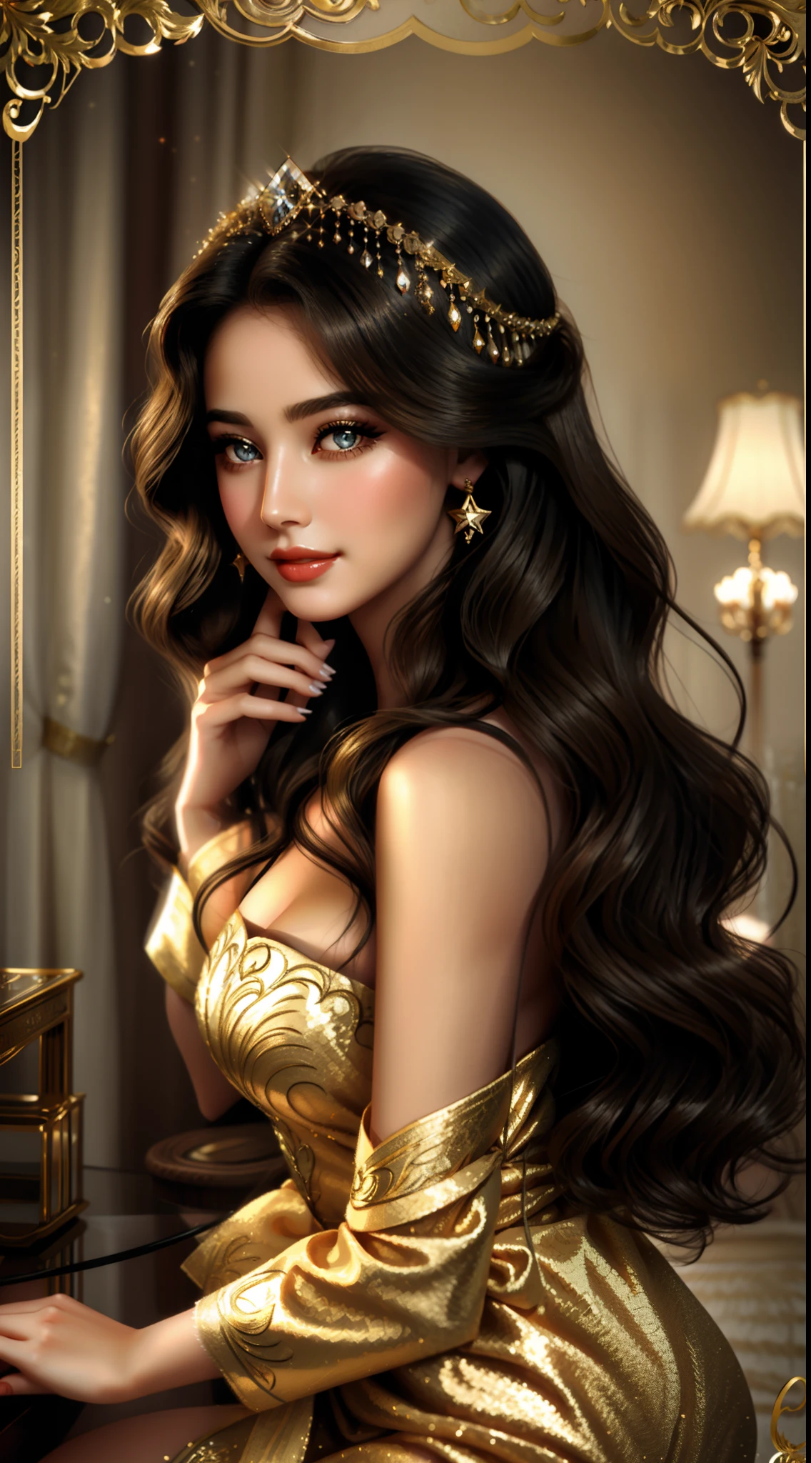 woman with long, luscious tresses, reminiscent of the glamorous stars from a bygone era. Her mesmerizing eyes hold the essence of classic Hollywood allure, and her captivating smile embodies the timeless charm of vintage beauty. She's gracefully posing for a photograph, embodying the elegance and sophistication of a golden age long past. It's a scene straight out of a vintage movie poster, evoking the nostalgia and allure of a bygone era.
